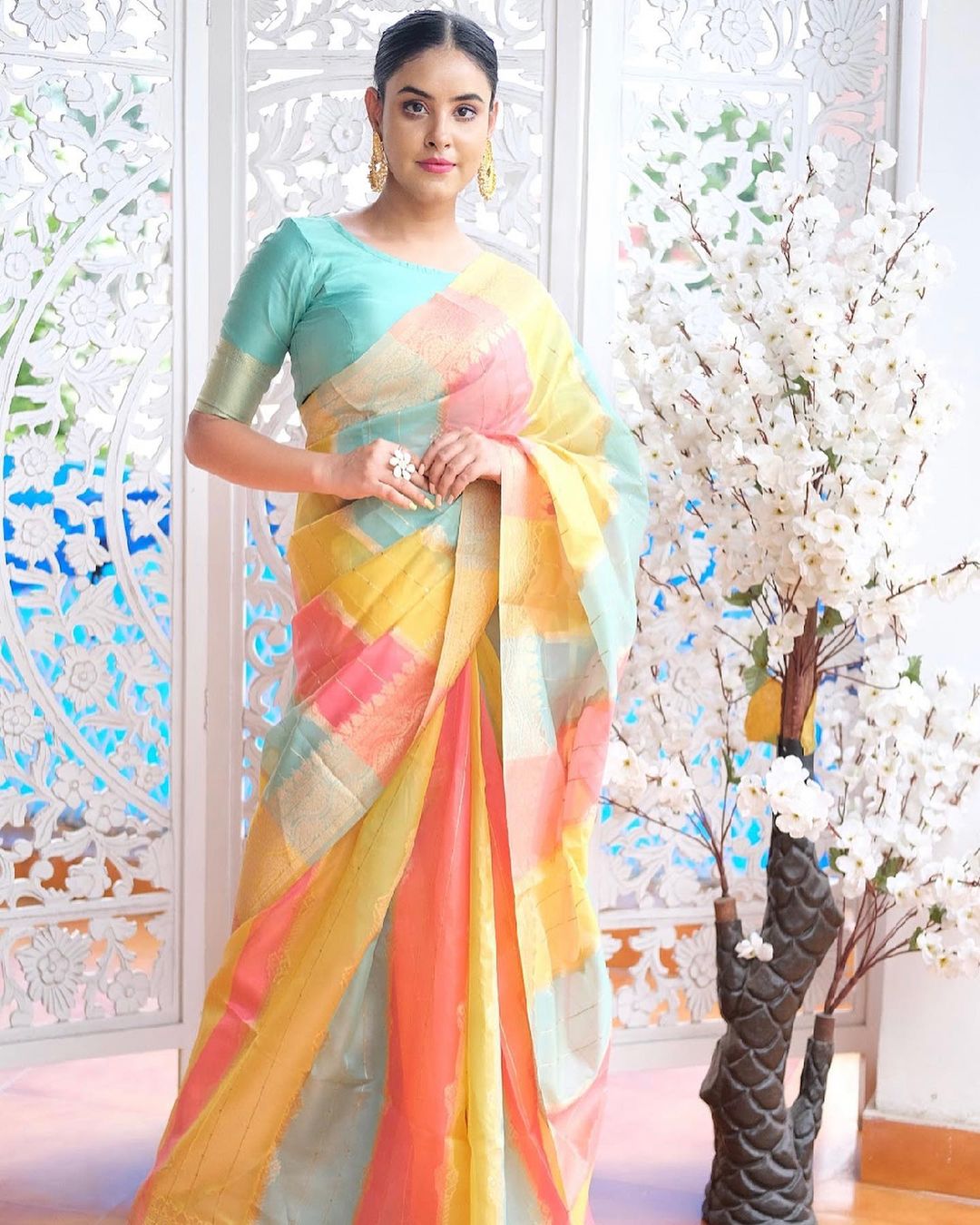 Saffron Mango Yellow and Peach Zari Woven Banarasi Organza Saree