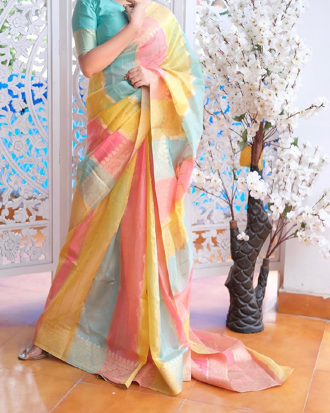 Saffron Mango Yellow and Peach Zari Woven Banarasi Organza Saree