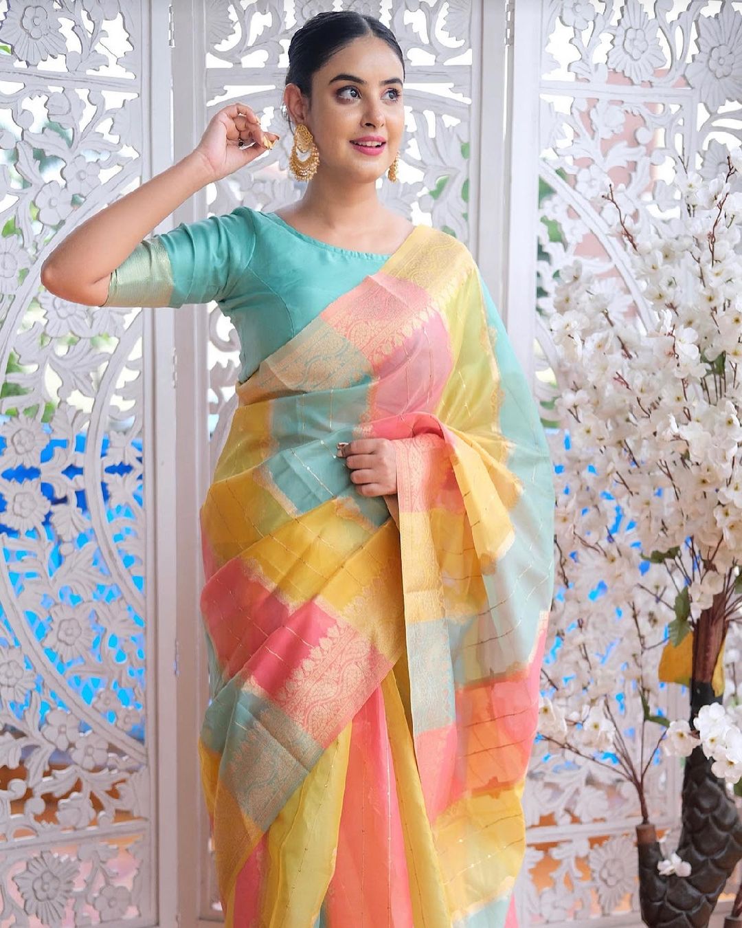 Saffron Mango Yellow and Peach Zari Woven Banarasi Organza Saree