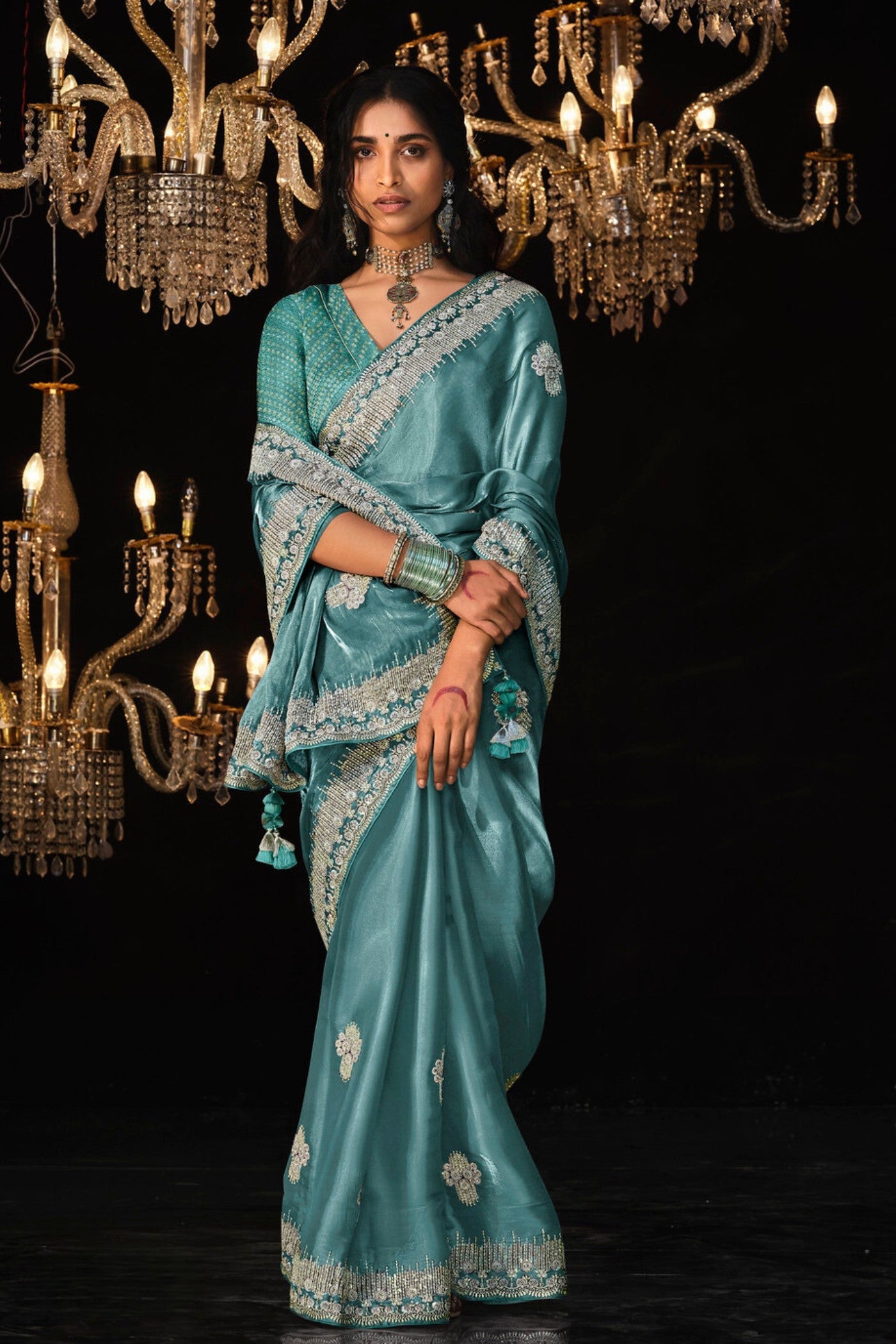 Baby Blue Tissue Embroidered Designer Saree