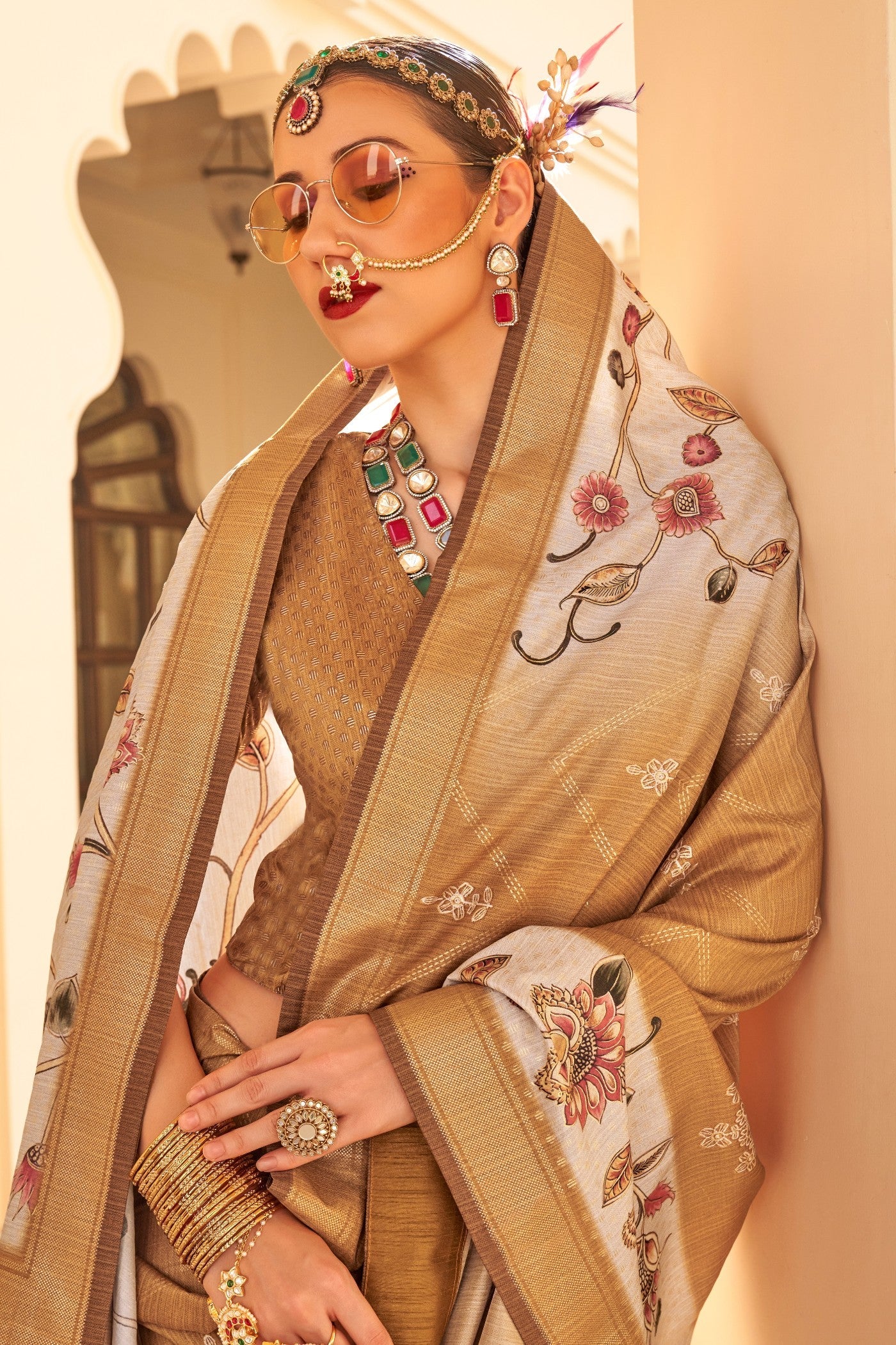 Rajah Brown Floral Printed Banarasi Saree