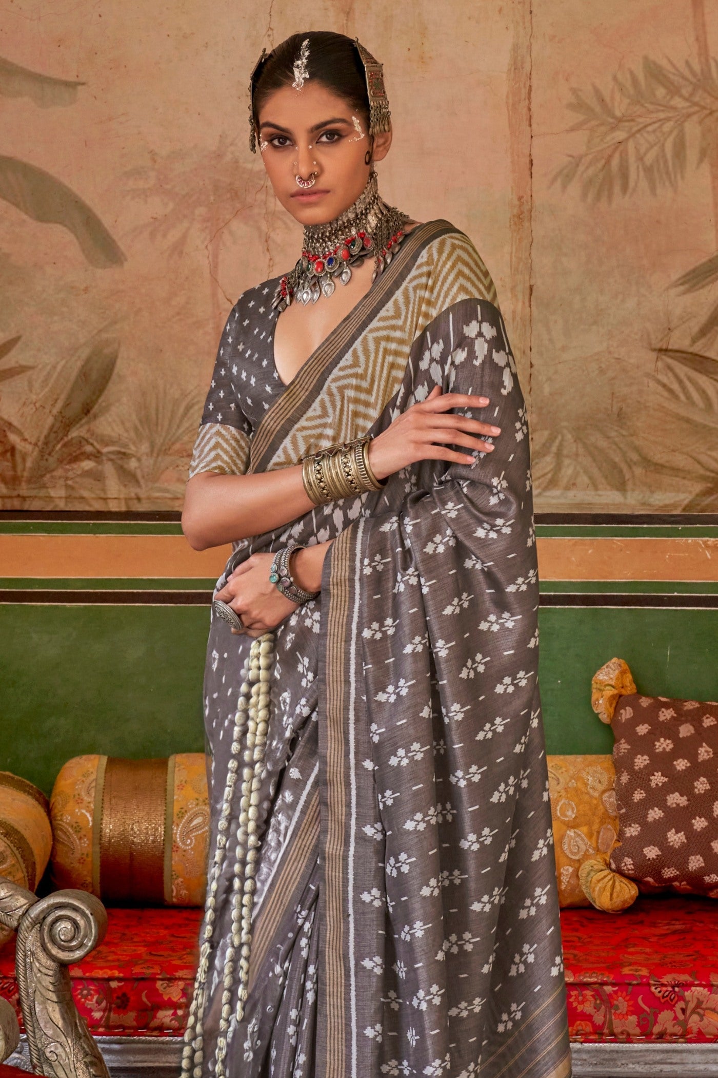 Spicy Grey Printed Patola Saree