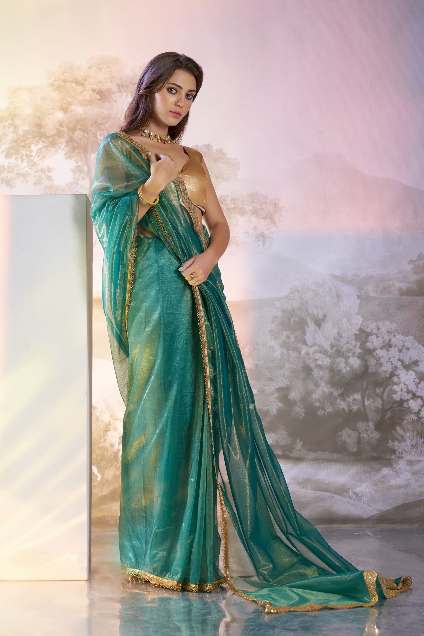 Dark Aqua Blue Partywea Net Saree