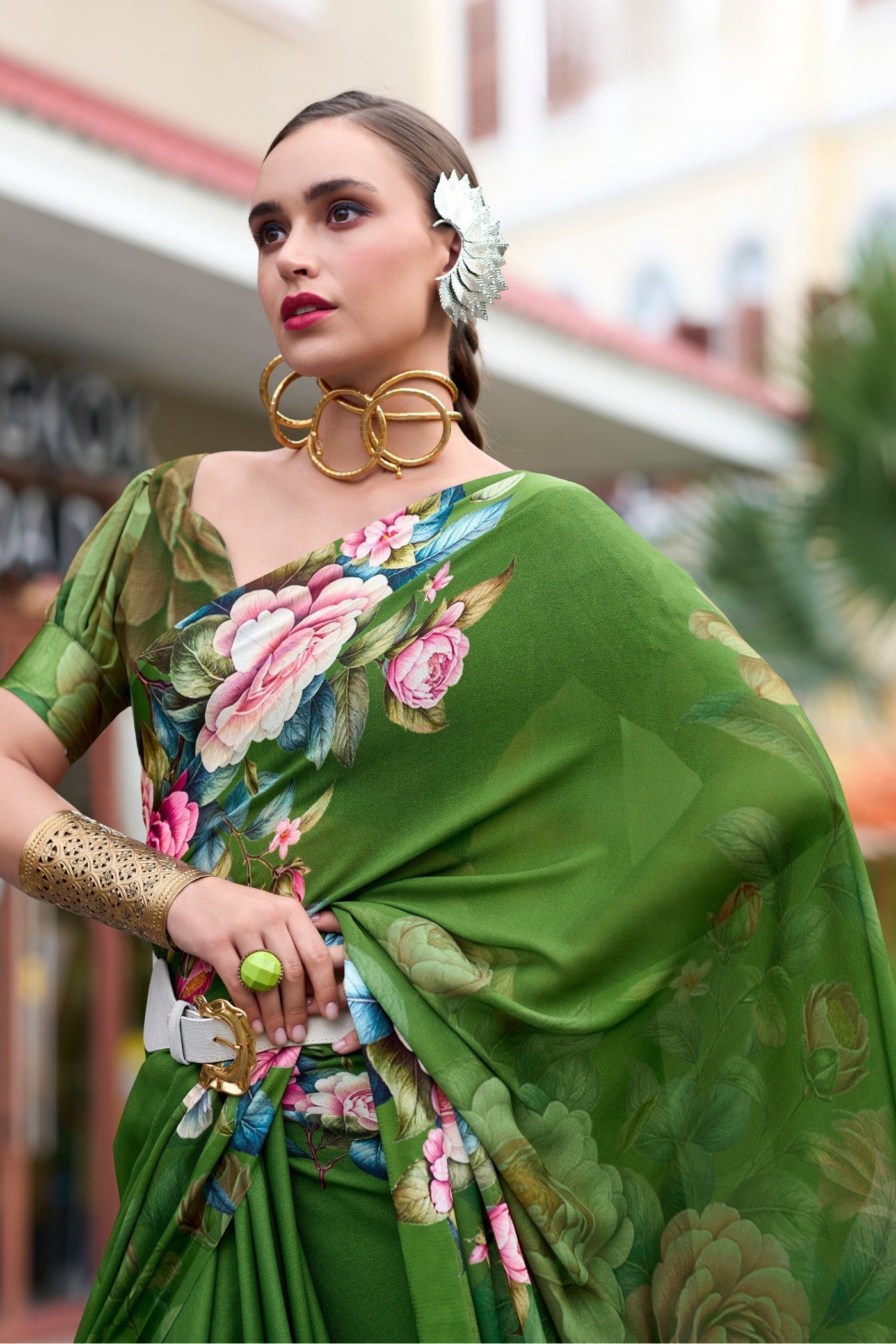 Fern Frond Green Printed Georgette Saree