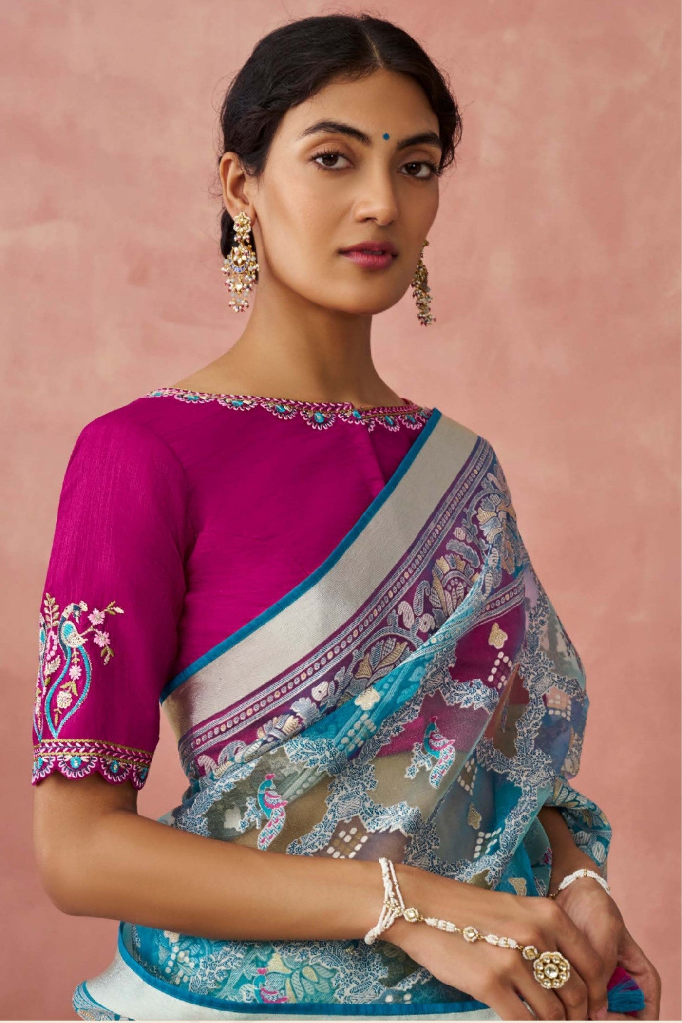 Juniper Blue and Pink Brasso Organza Printed Saree