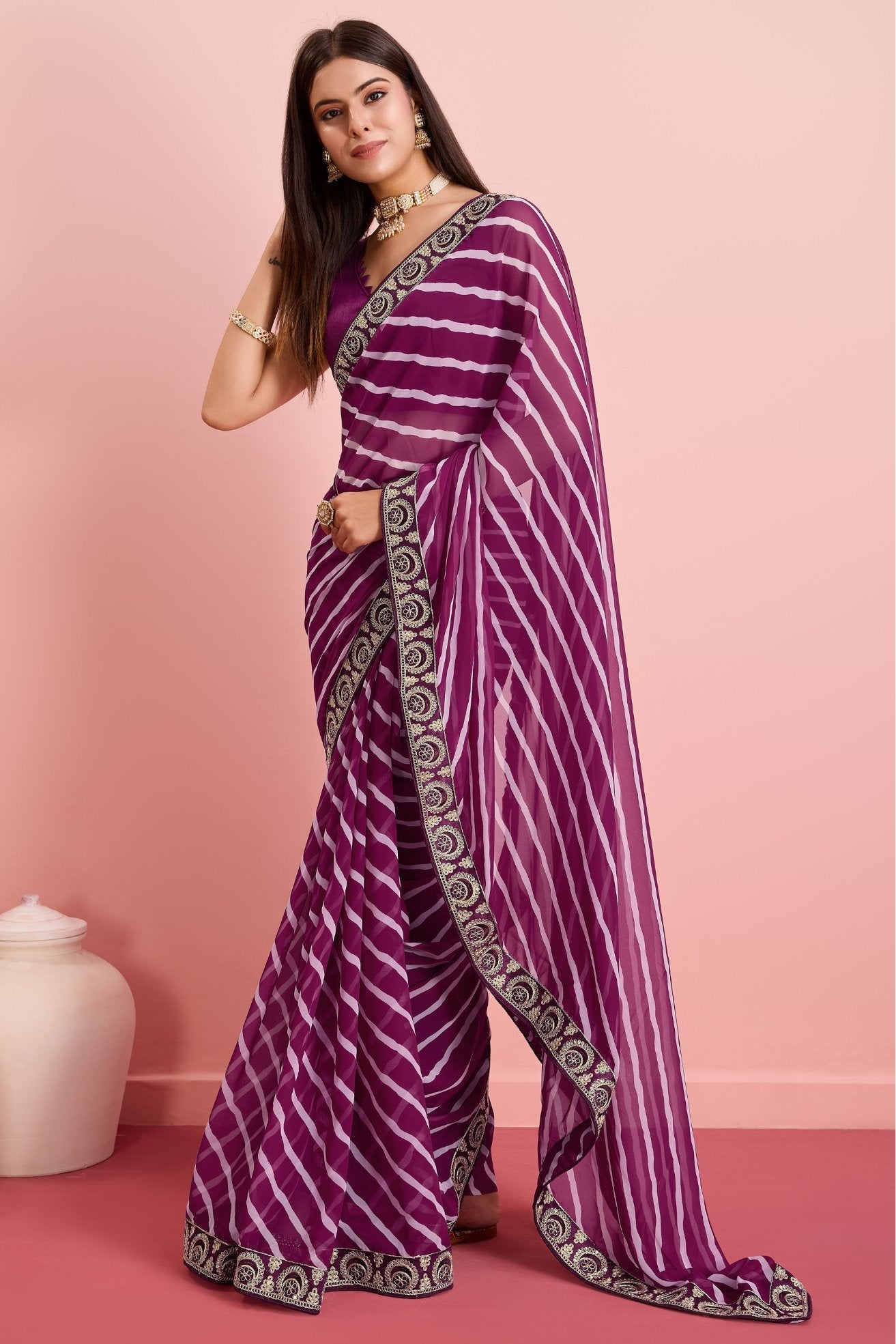 Claret Purple Georgette Lehriya Silk saree