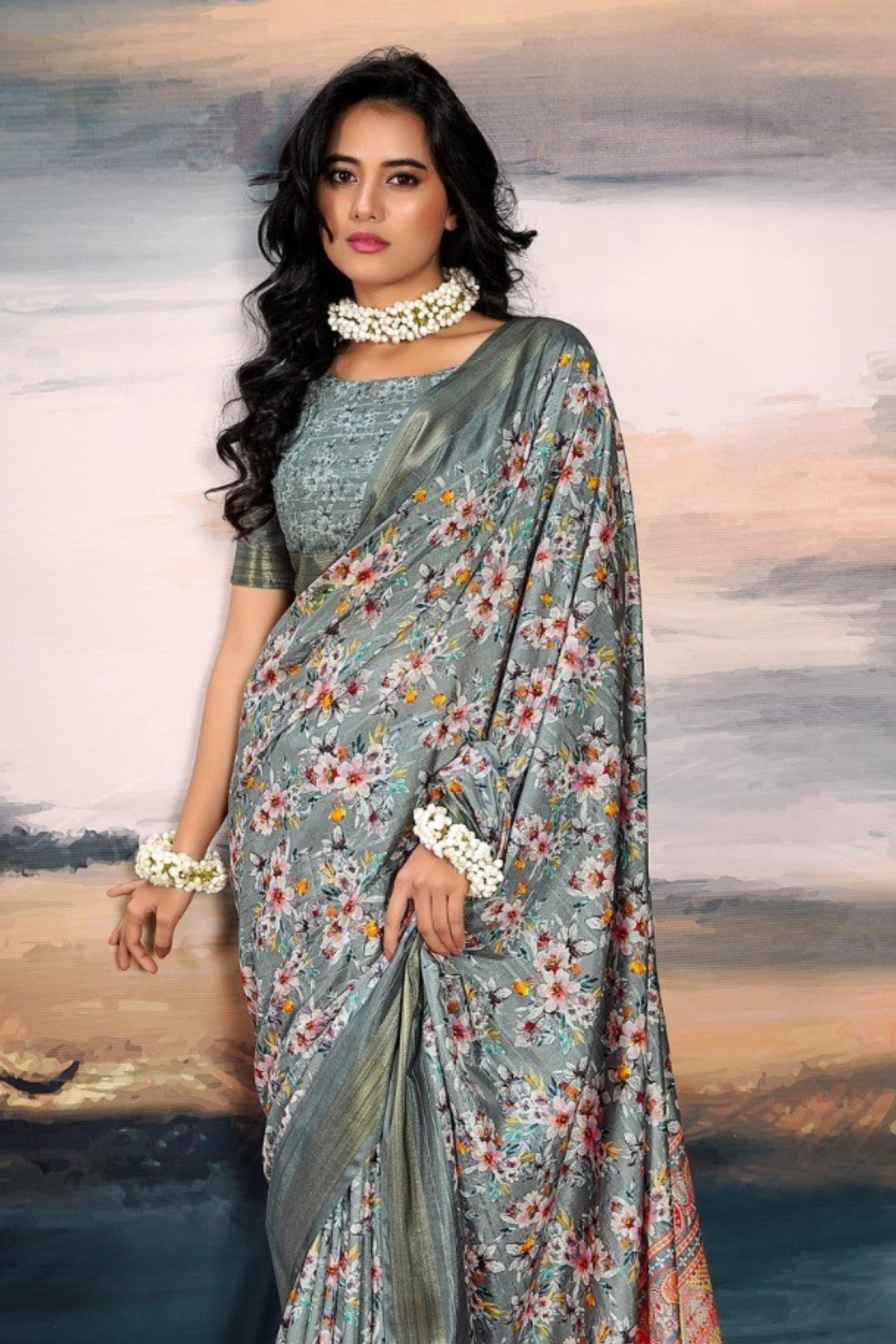 Pale Sky Grey Digital Printed Cotton Saree