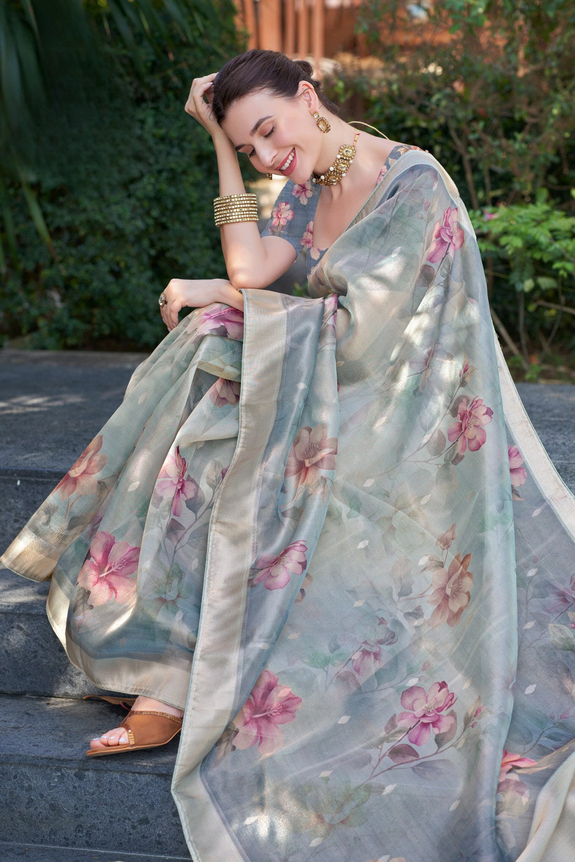 Venus Grey Digital Printed Organza Saree