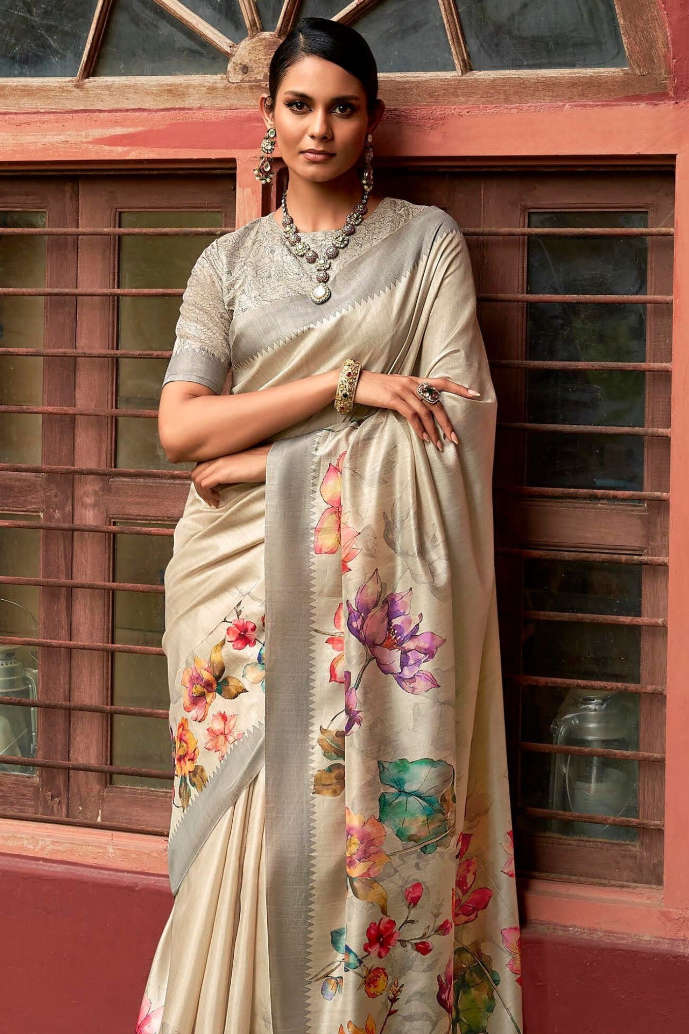 Akaroa Cream Digital Printed Banarasi Saree