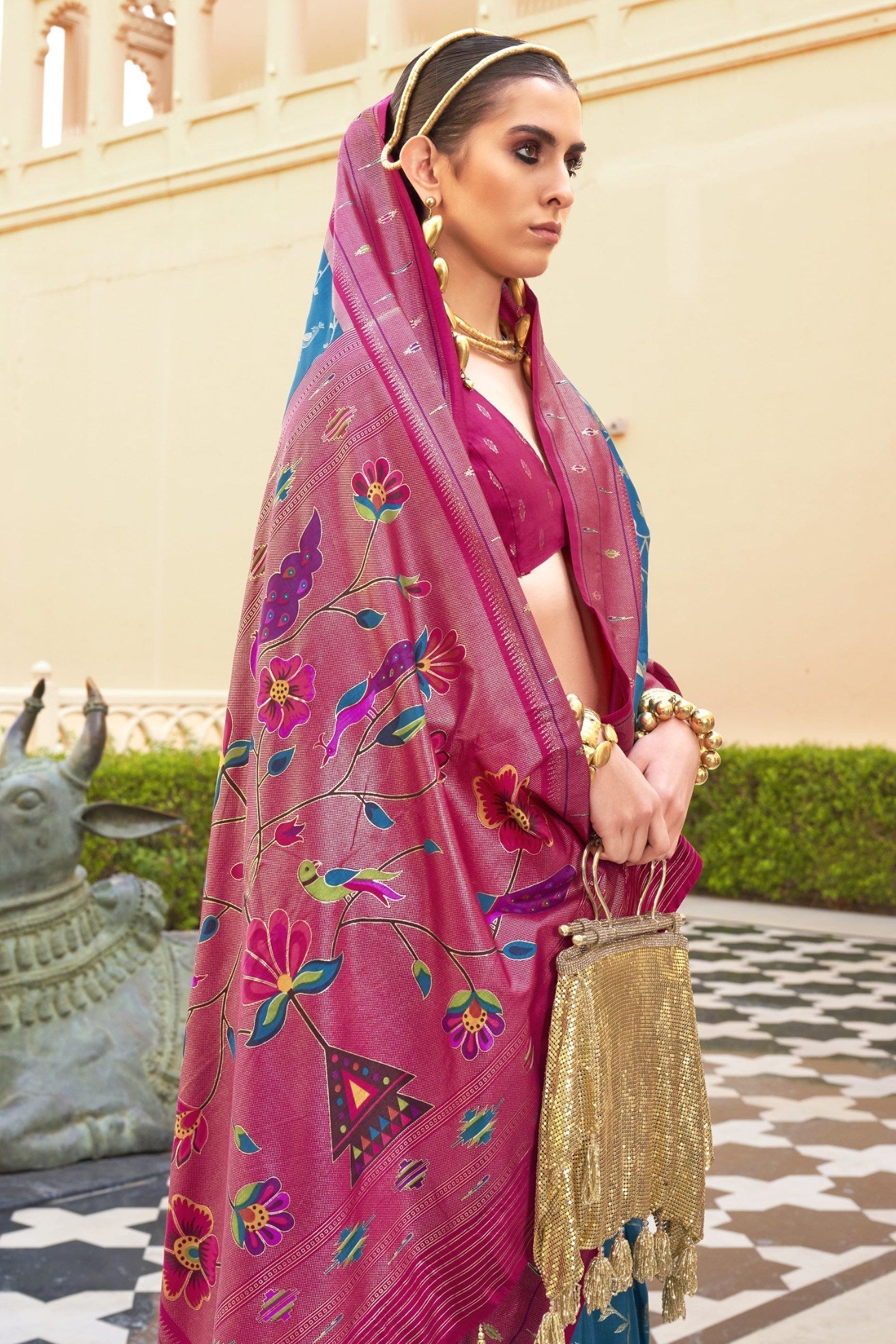 Boston Blue and Pink Woven Paithani Designer Saree