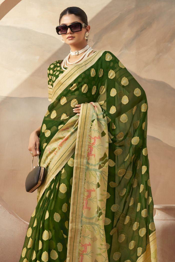 Clover Green Woven Georgette saree