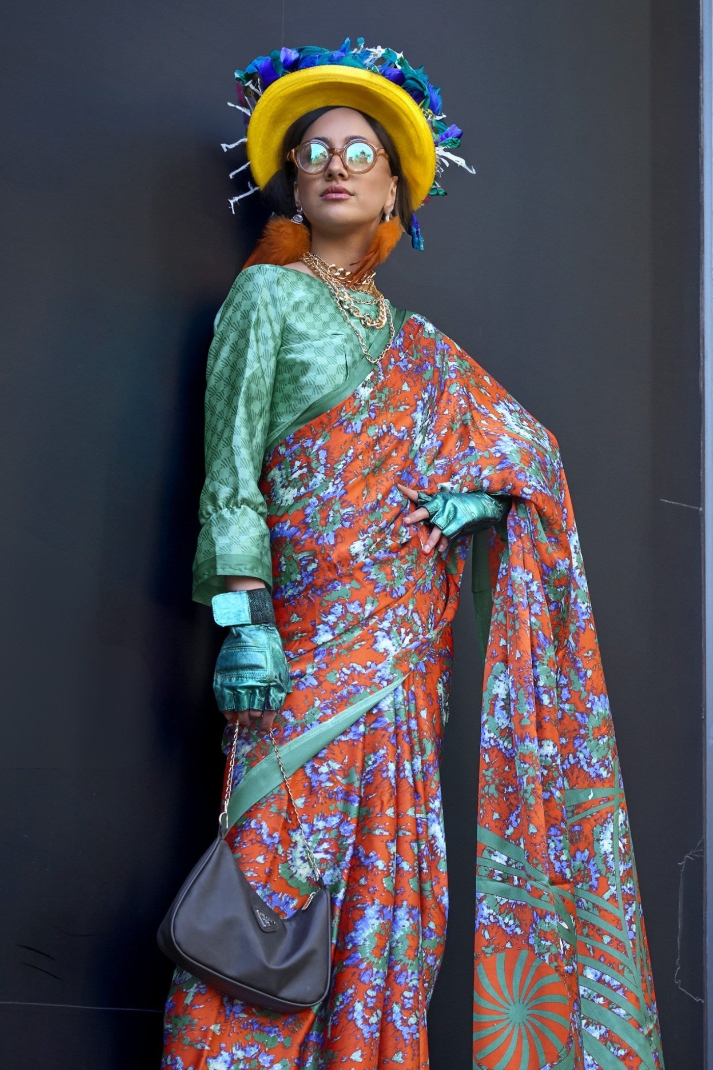 Squach Orange and Green Printed Satin Crepe Silk Saree