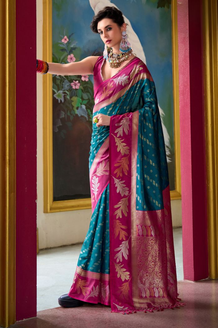 Tarawera Blue and Pink Banarasi Soft Silk Saree