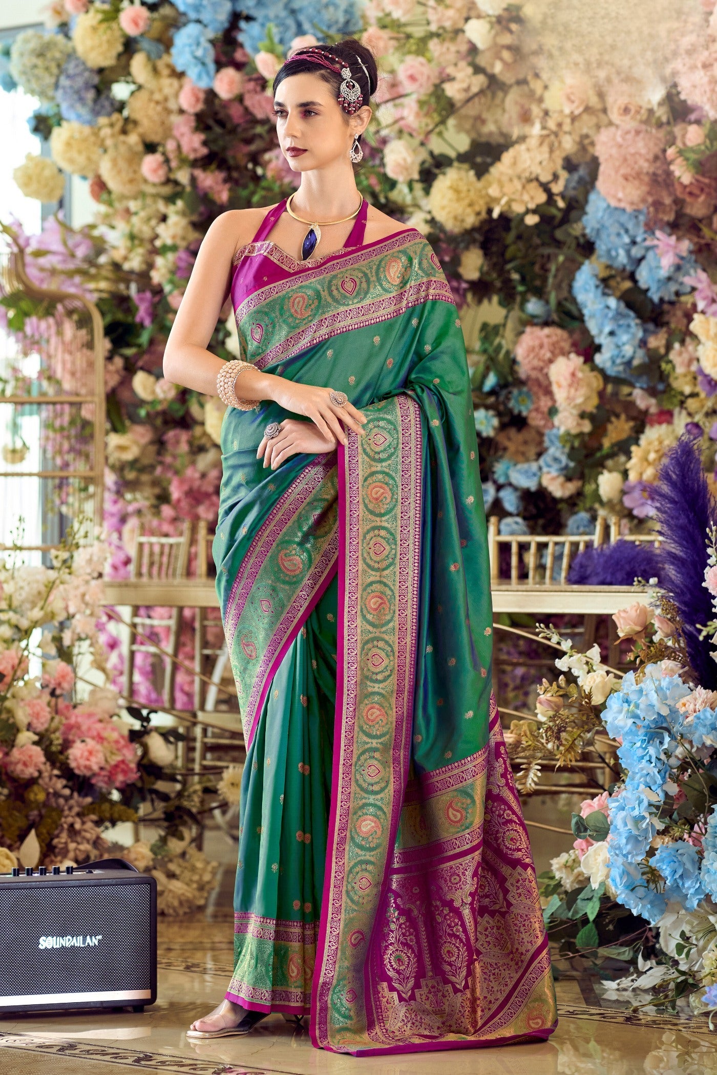 Goblin Green Woven Banarasi Soft Silk Saree