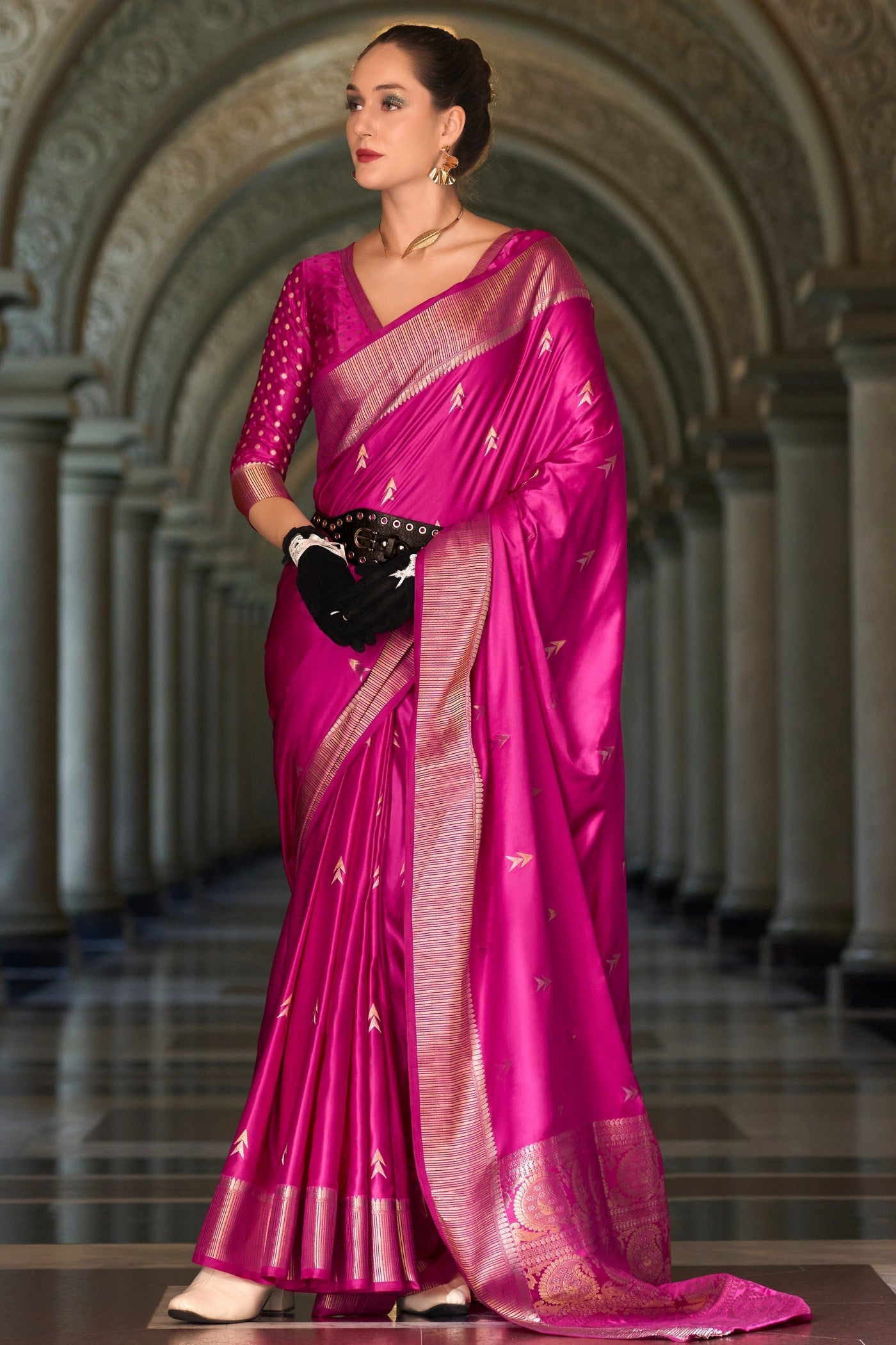 Magenta Pink Handloom Satin Silk Saree