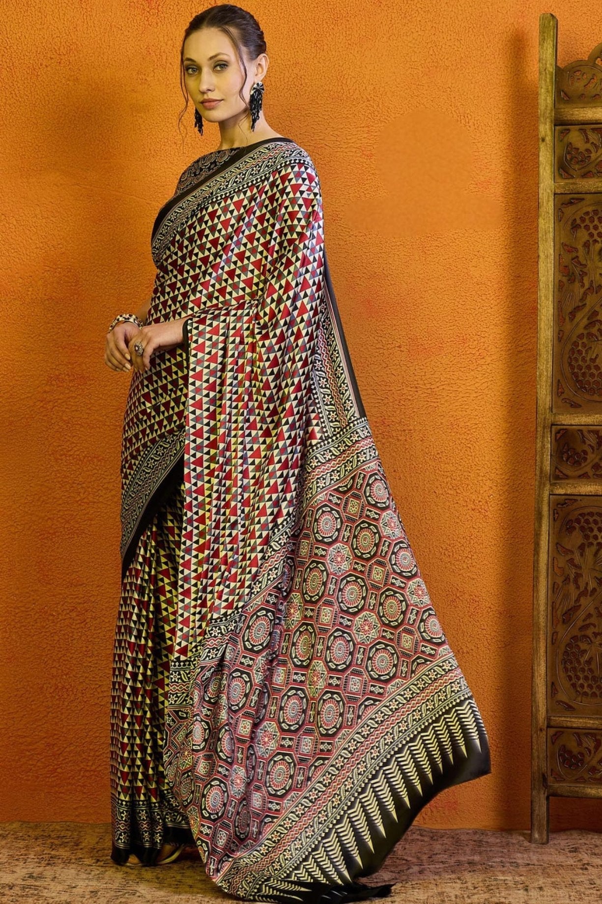 Brandy Rose Brown Printed Ajrakh Satin Crepe Saree