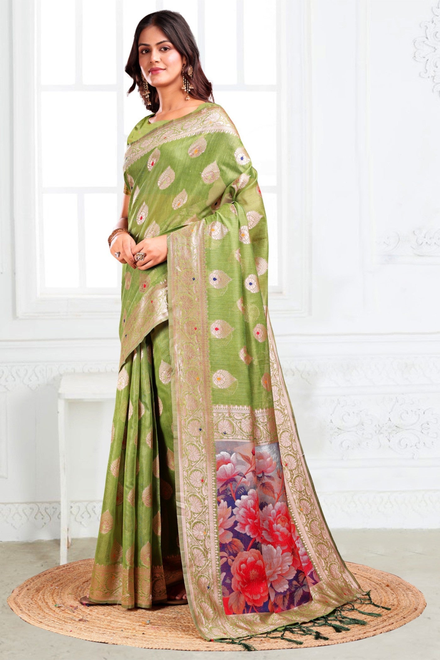 Lime Green Woven Linen Cotton Saree