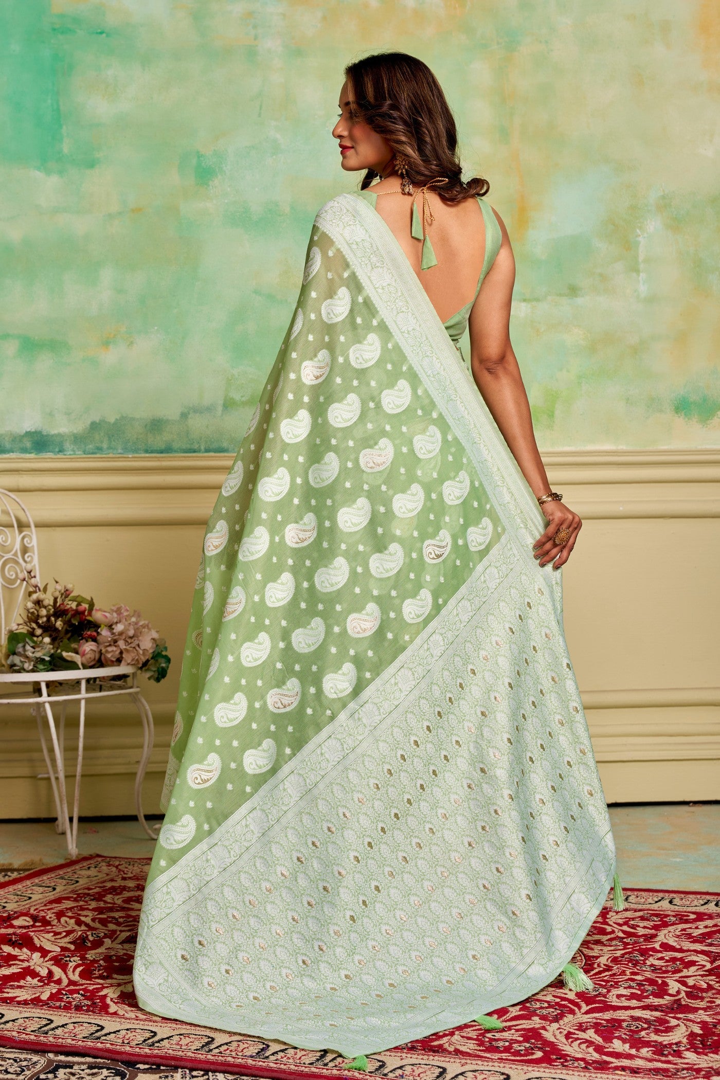 Seafoam Green Woven Cotton Saree