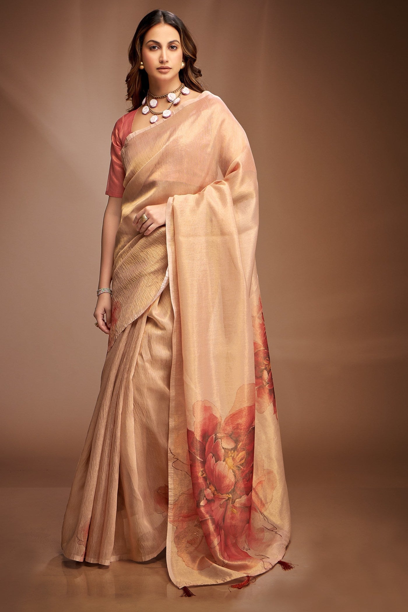 Alabaster Cream Printed Tissue Saree