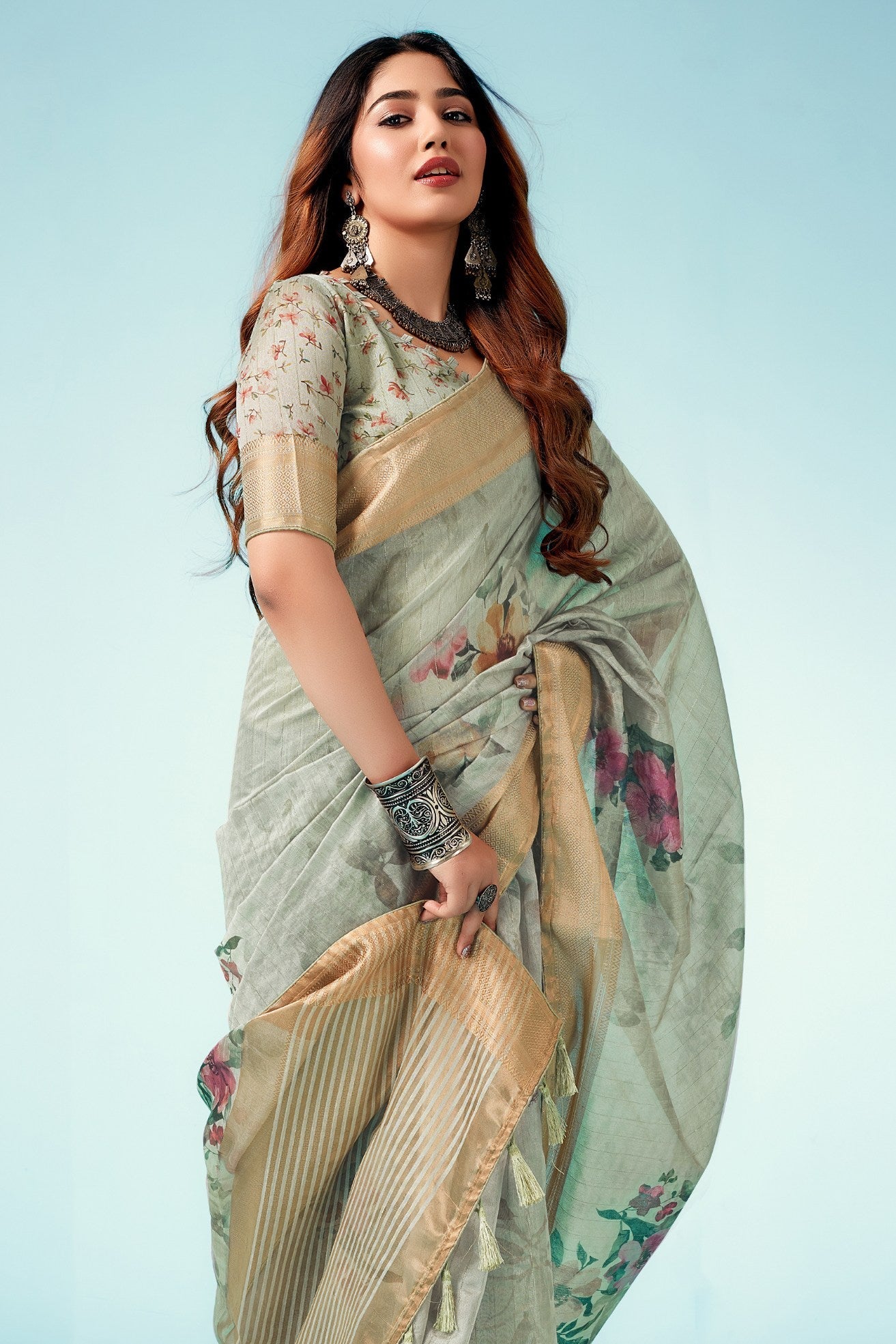 Tallow Green Floral Linen Saree