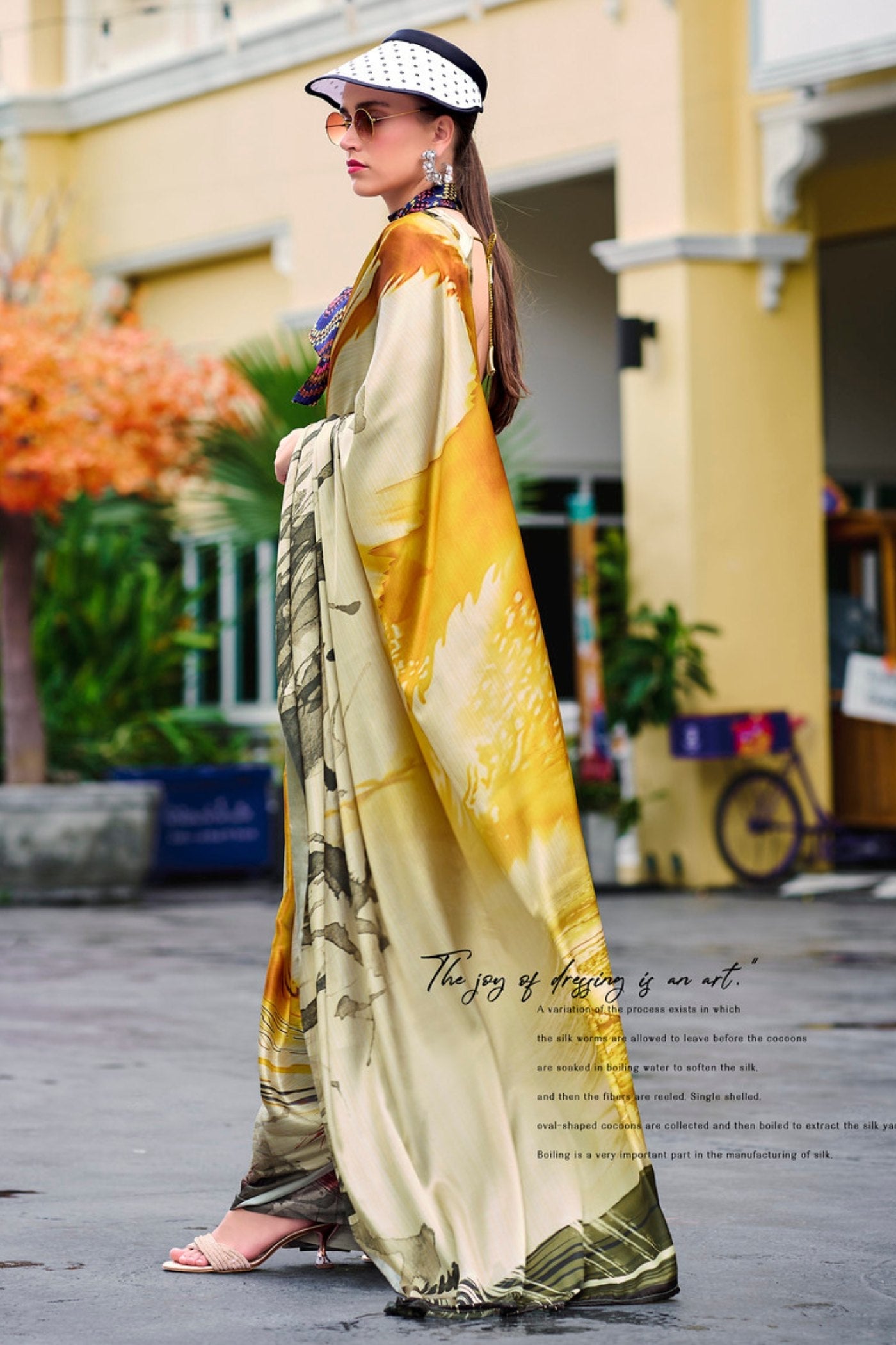 Copper Yellow Printed Satin Crepe Silk Saree