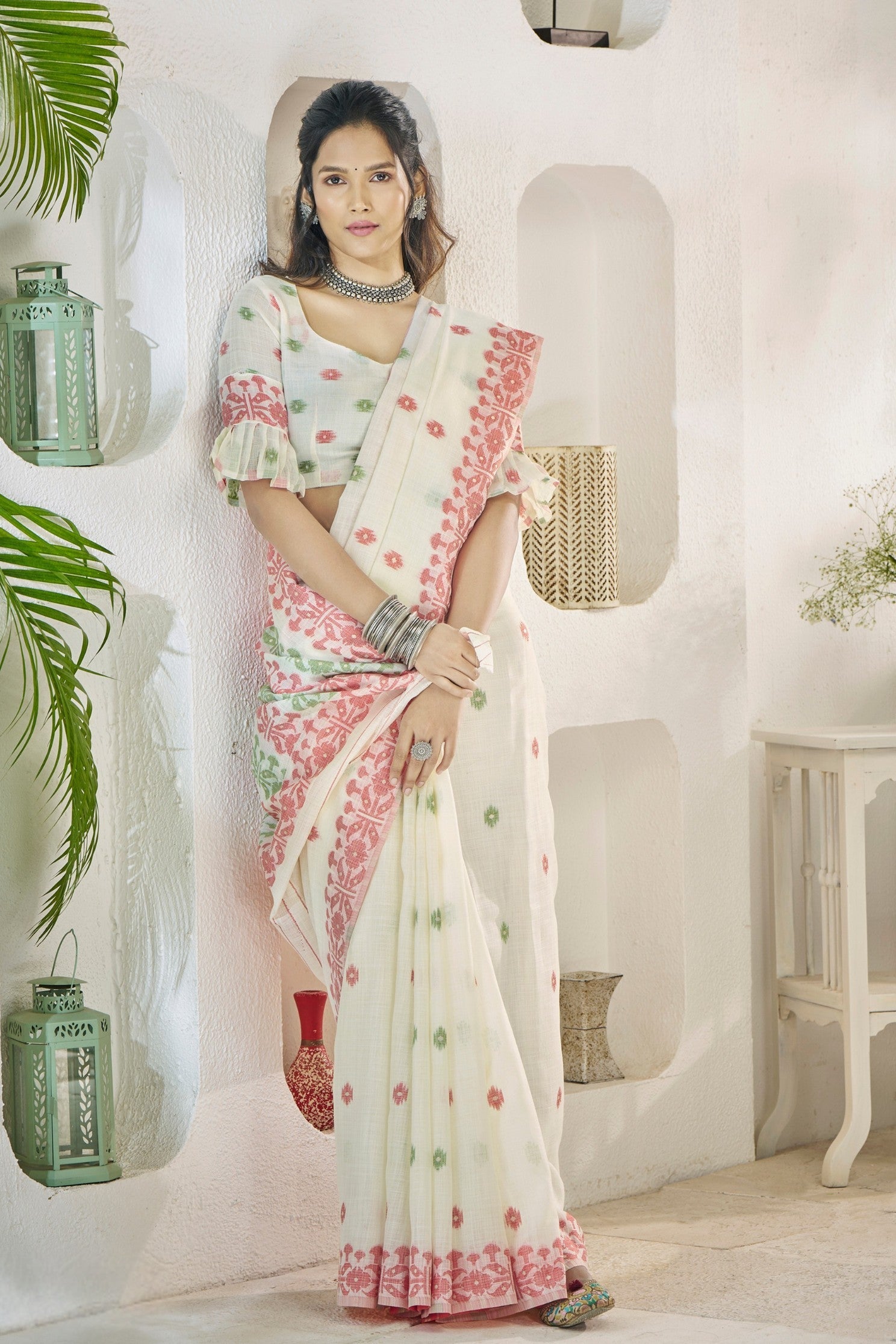 Albescent White Woven Linen Saree