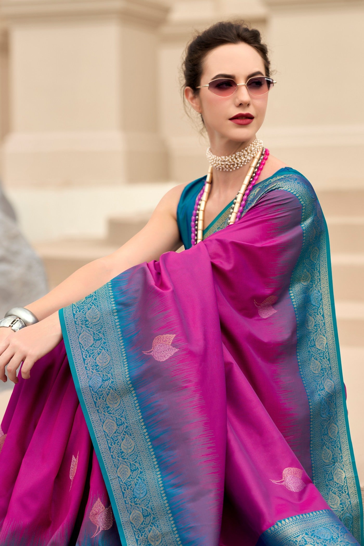 Cerise Purple Woven Banarasi Soft Silk Saree