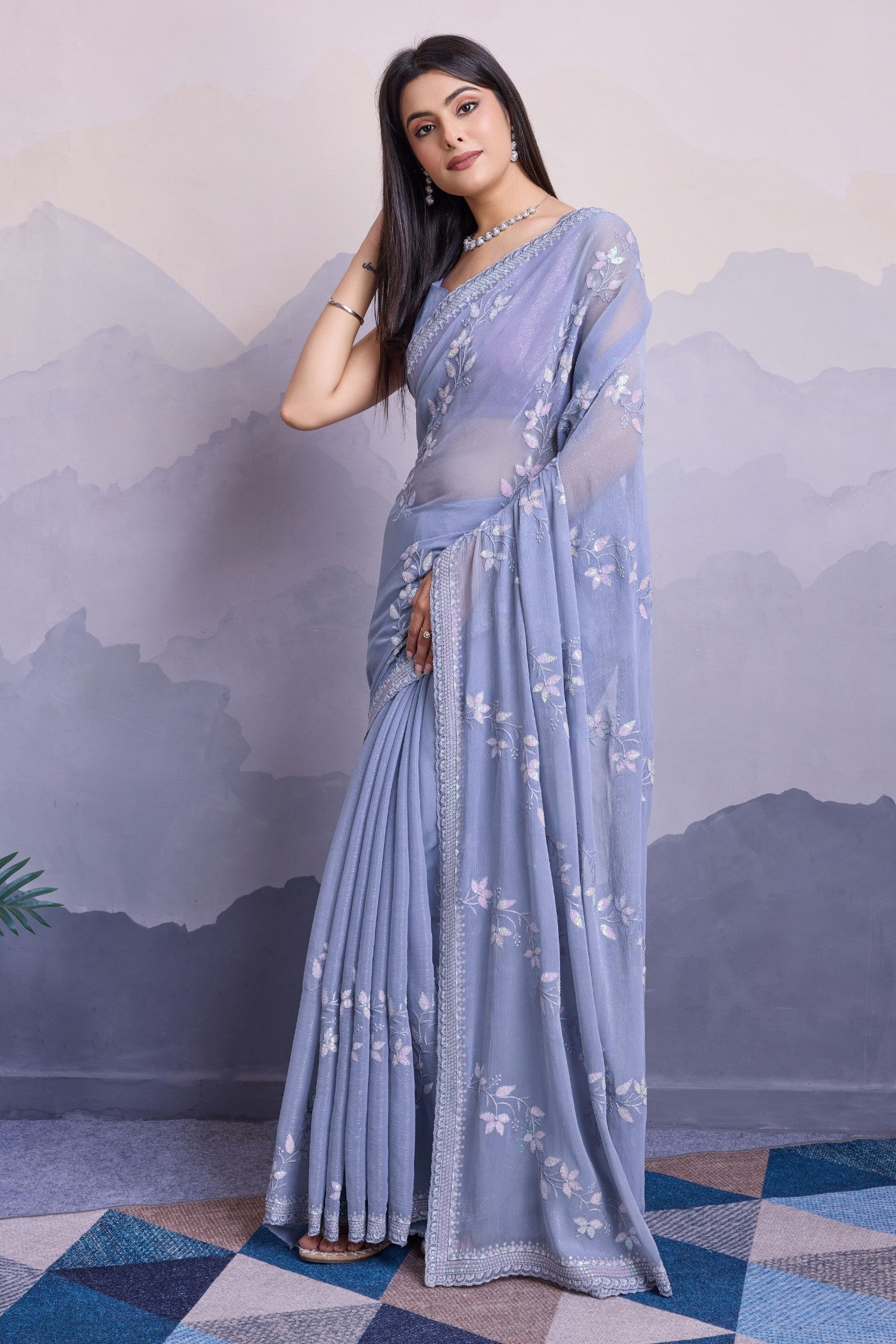 Columbia Blue Embroidered Designer Chiffon Saree