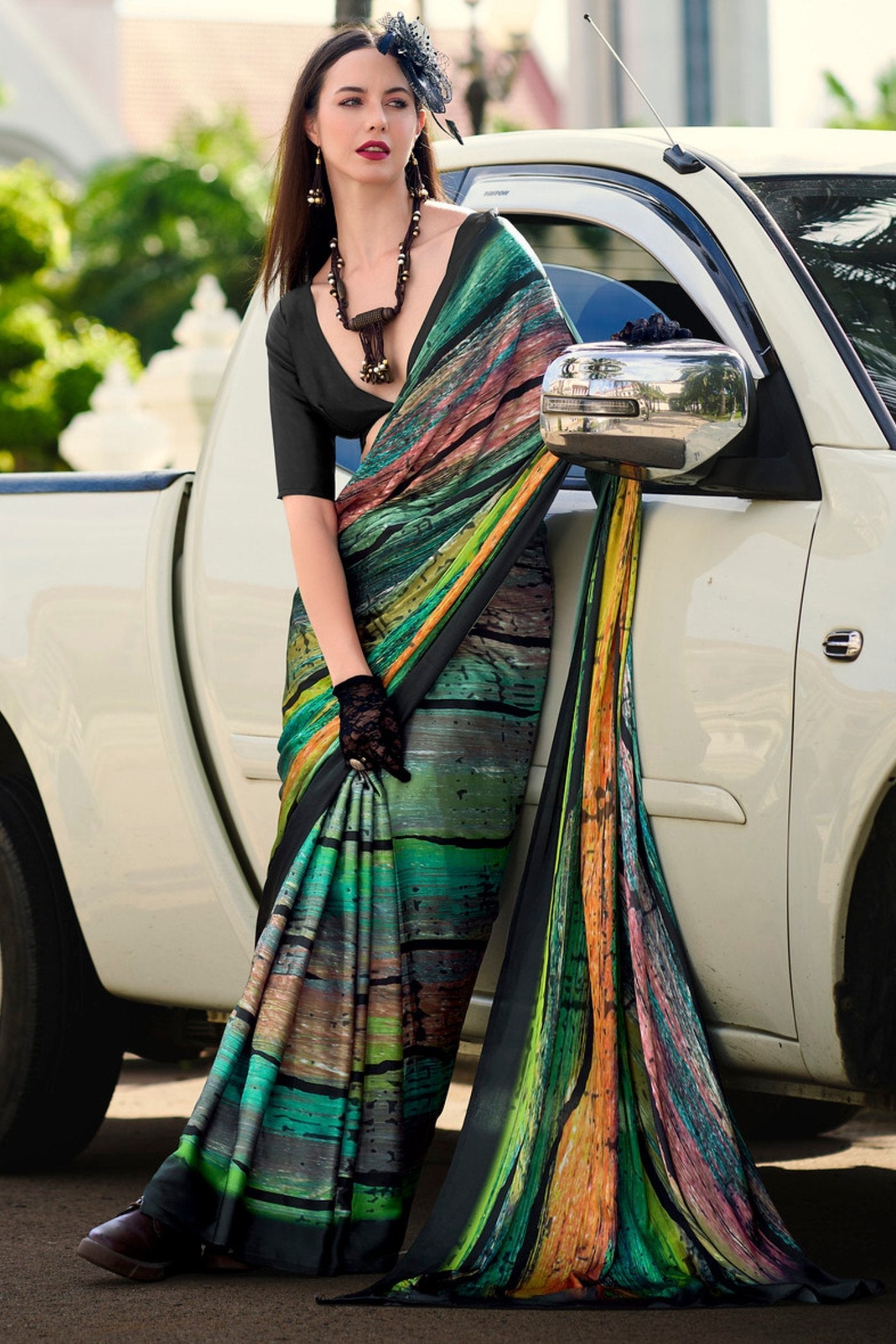 Outer Space Green Printed Satin Crepe Silk Saree