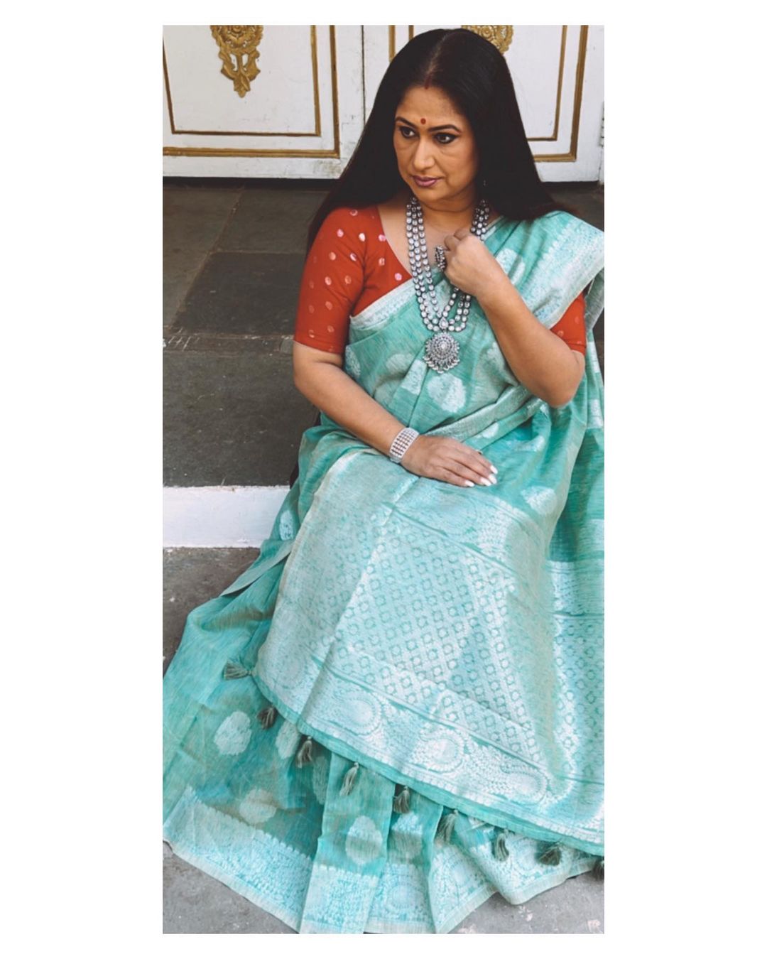 Polished Pine Blue Zari Woven Linen Saree