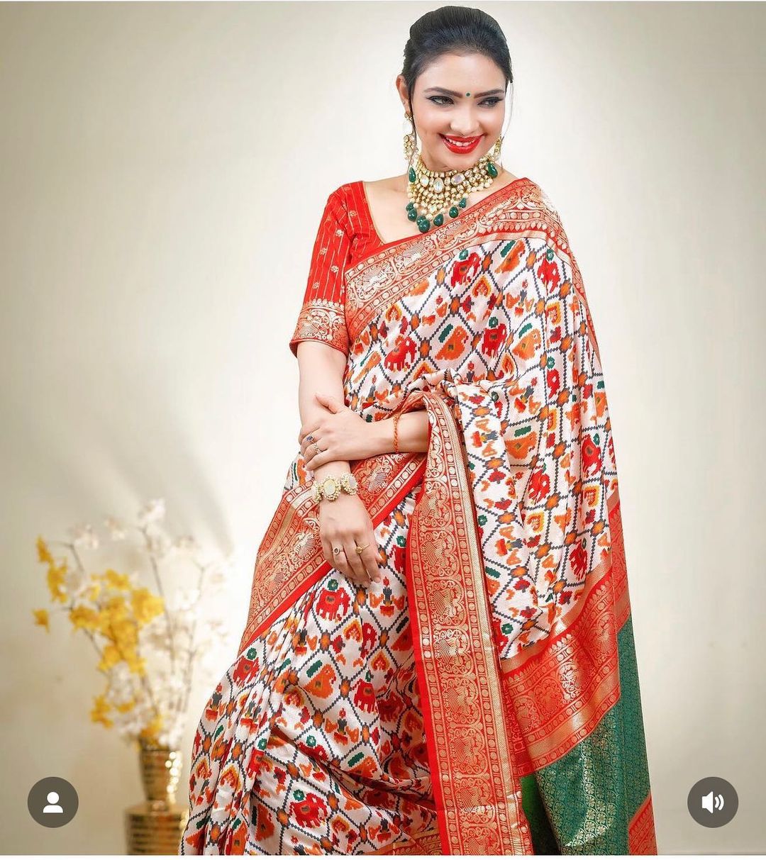 Swiss Coffee White and Red Printed Patola Saree