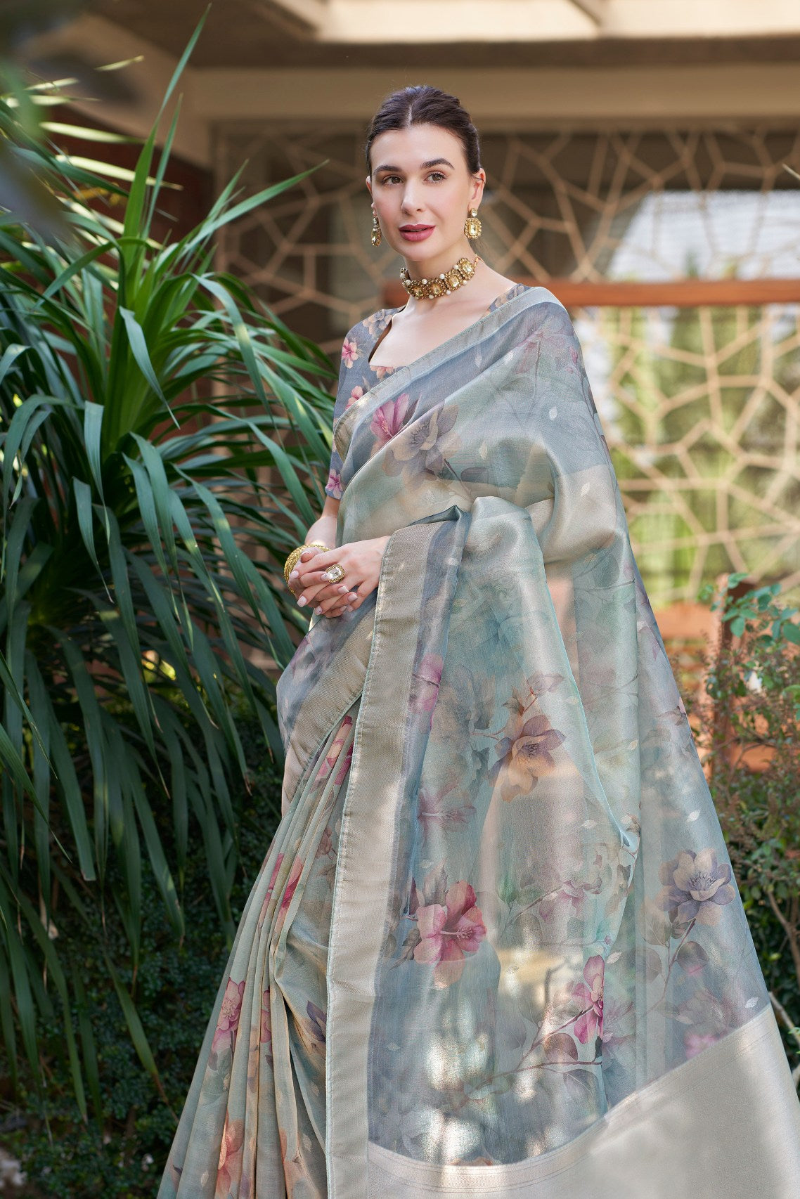 Venus Grey Digital Printed Organza Saree