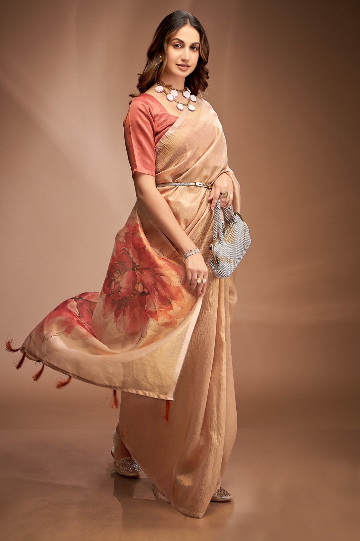 Alabaster Cream Printed Tissue Saree