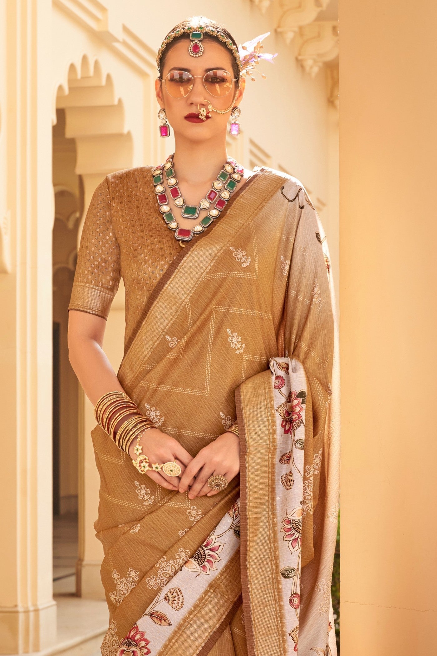 Rajah Brown Floral Printed Banarasi Saree