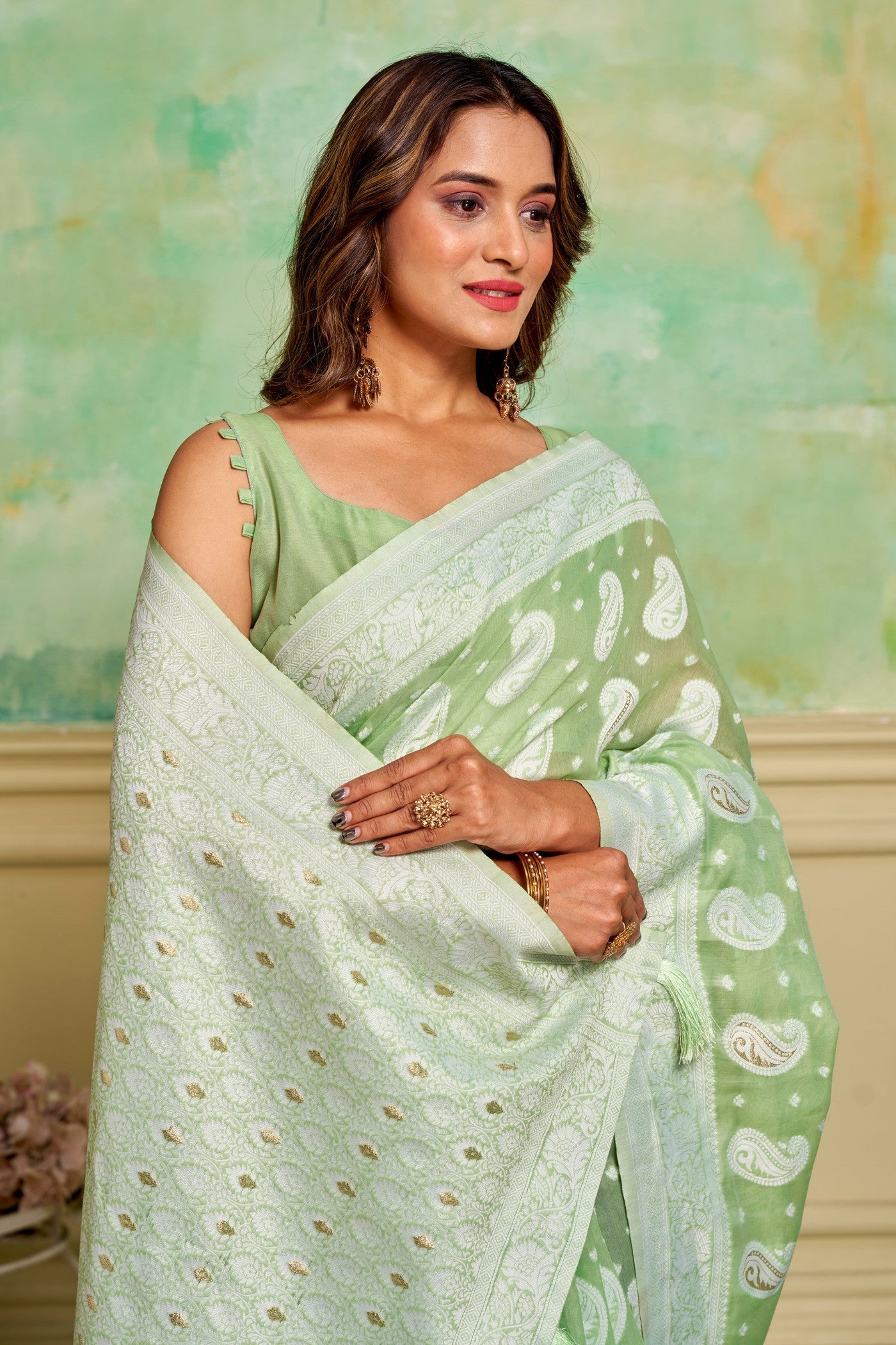 Seafoam Green Woven Cotton Saree