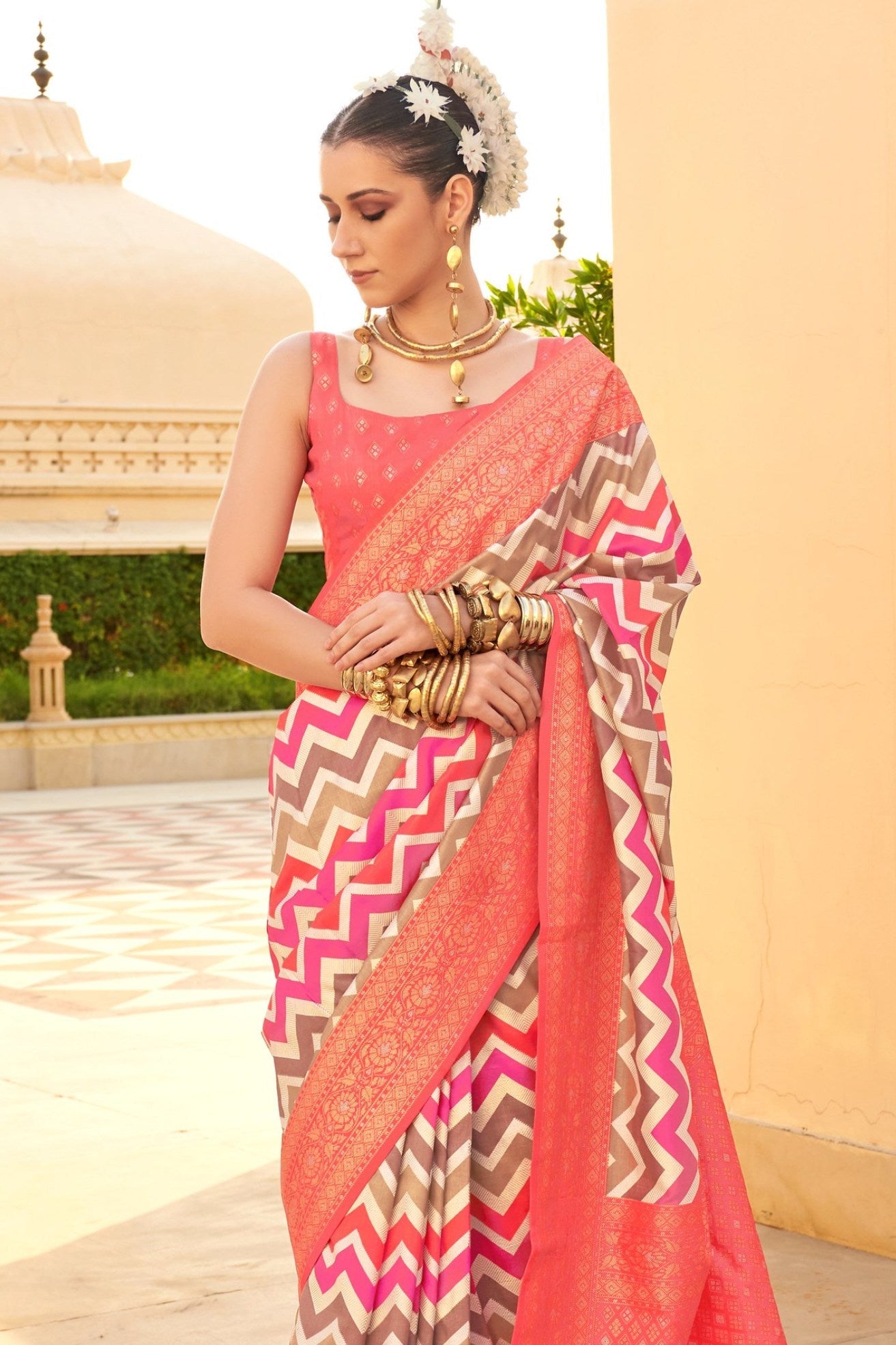 Pink Sherbert Woven Patola Printed Silk Saree