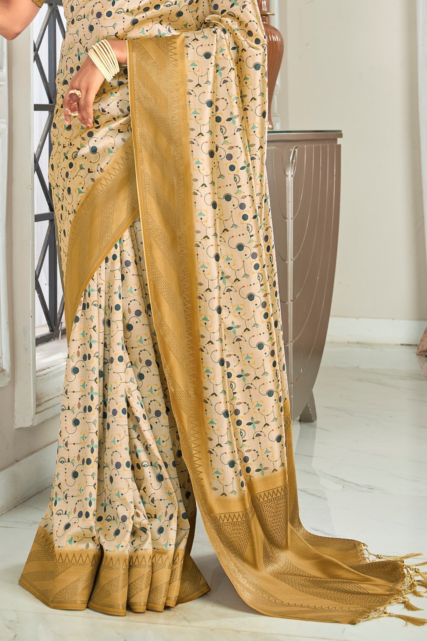 Twine Cream and Yellow Digital Printed Banarasi Saree