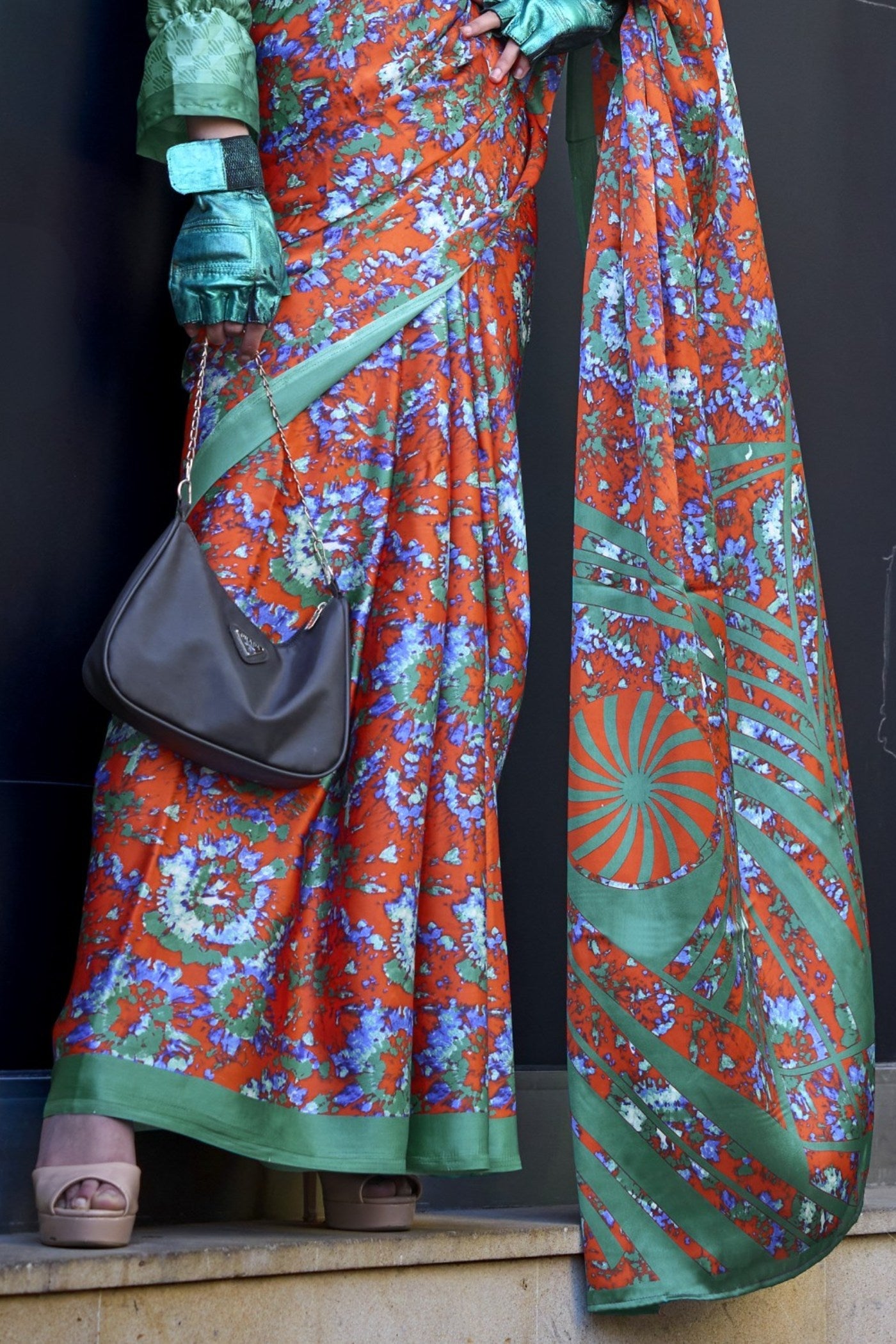 Squach Orange and Green Printed Satin Crepe Silk Saree