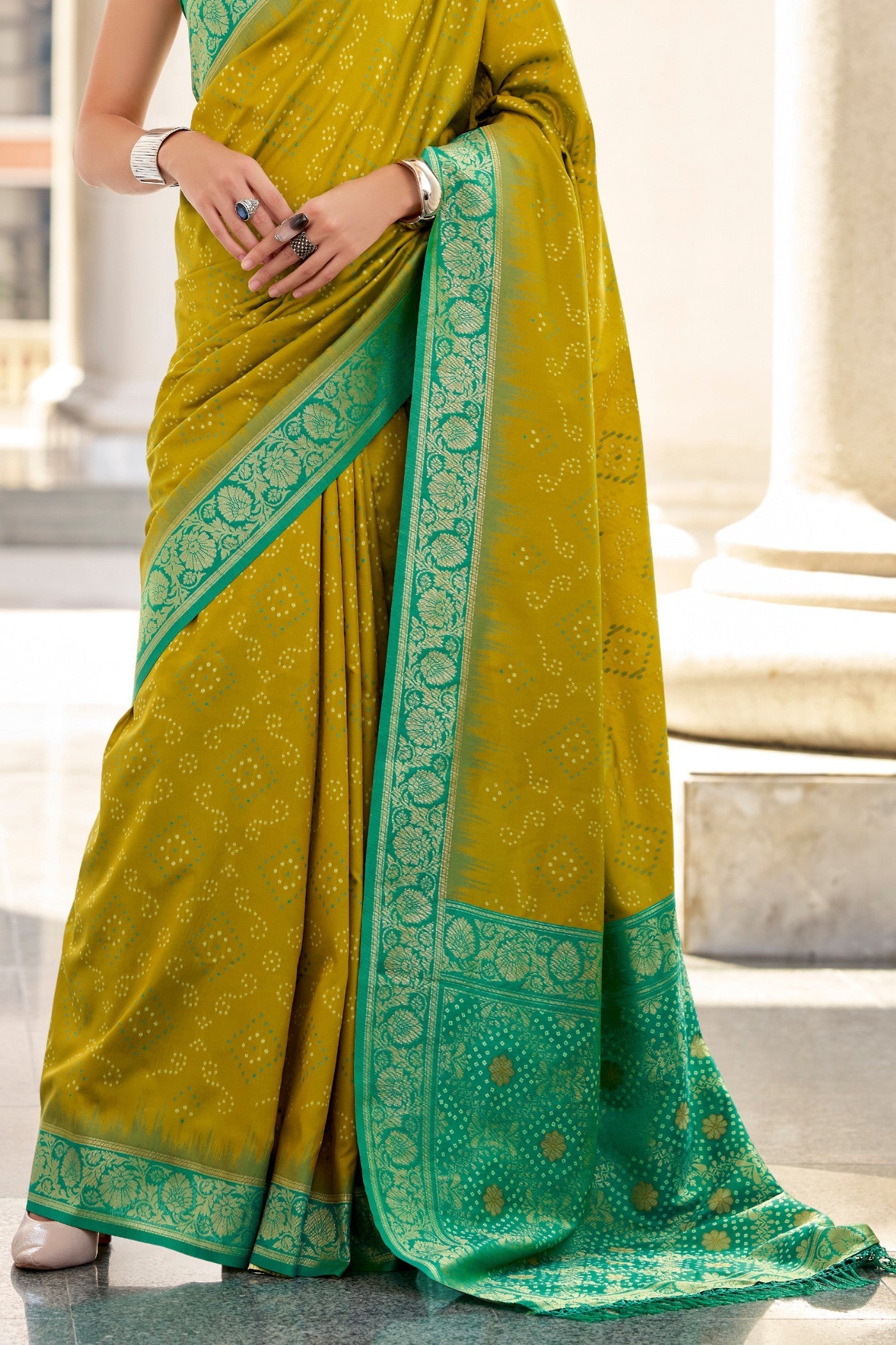 Corn Harvest Green Woven Banarasi Bandhani Soft Silk Saree