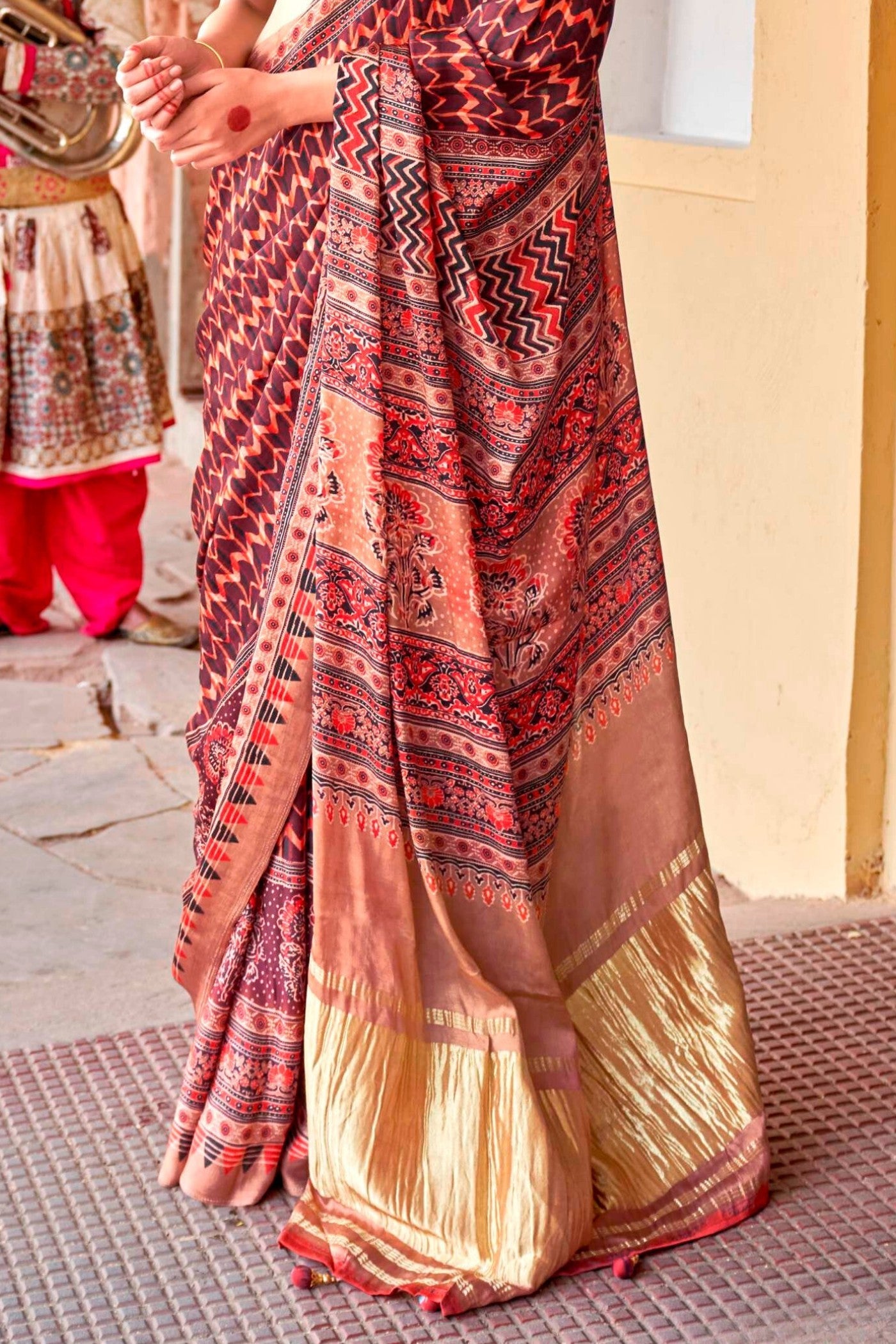 Sweet Brown Ajrakh Handprinted Satin Saree