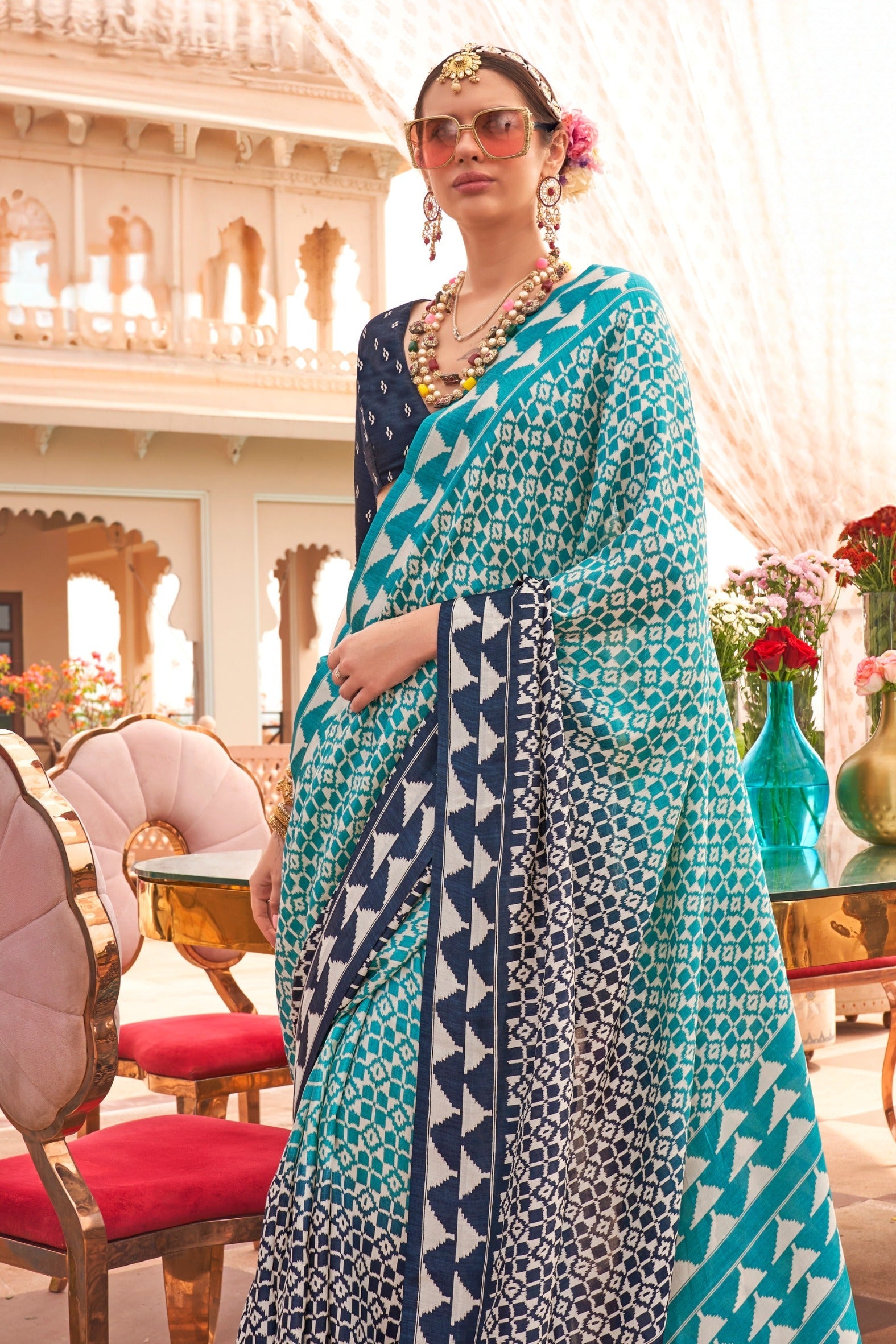 Cool Blue Printed Patola Saree