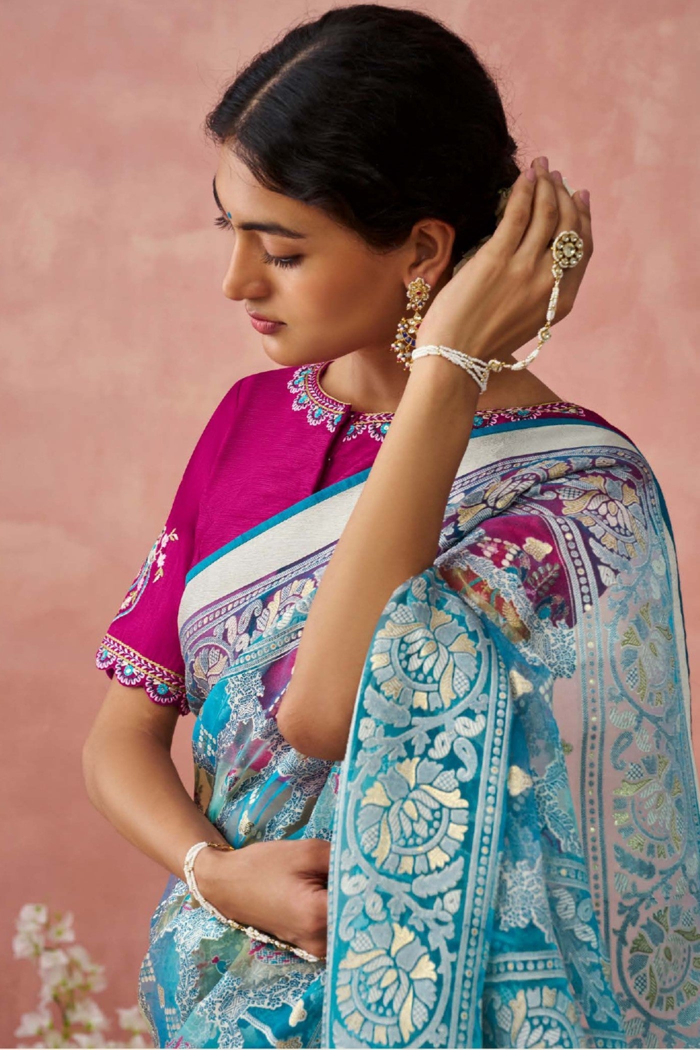 Juniper Blue and Pink Brasso Organza Printed Saree