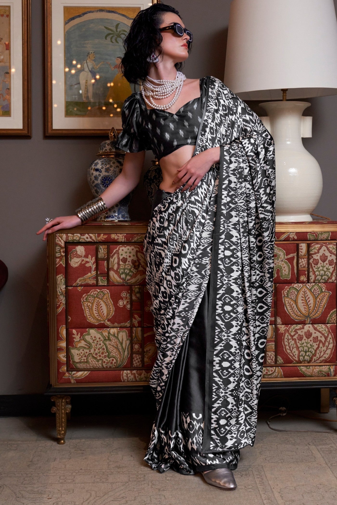 Space Black Patola Printed Satin Crepe Saree