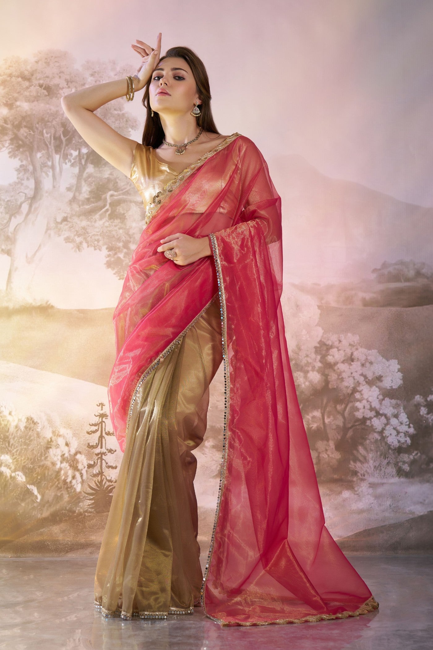 Cardinal Pink and Green Partywear Net Saree