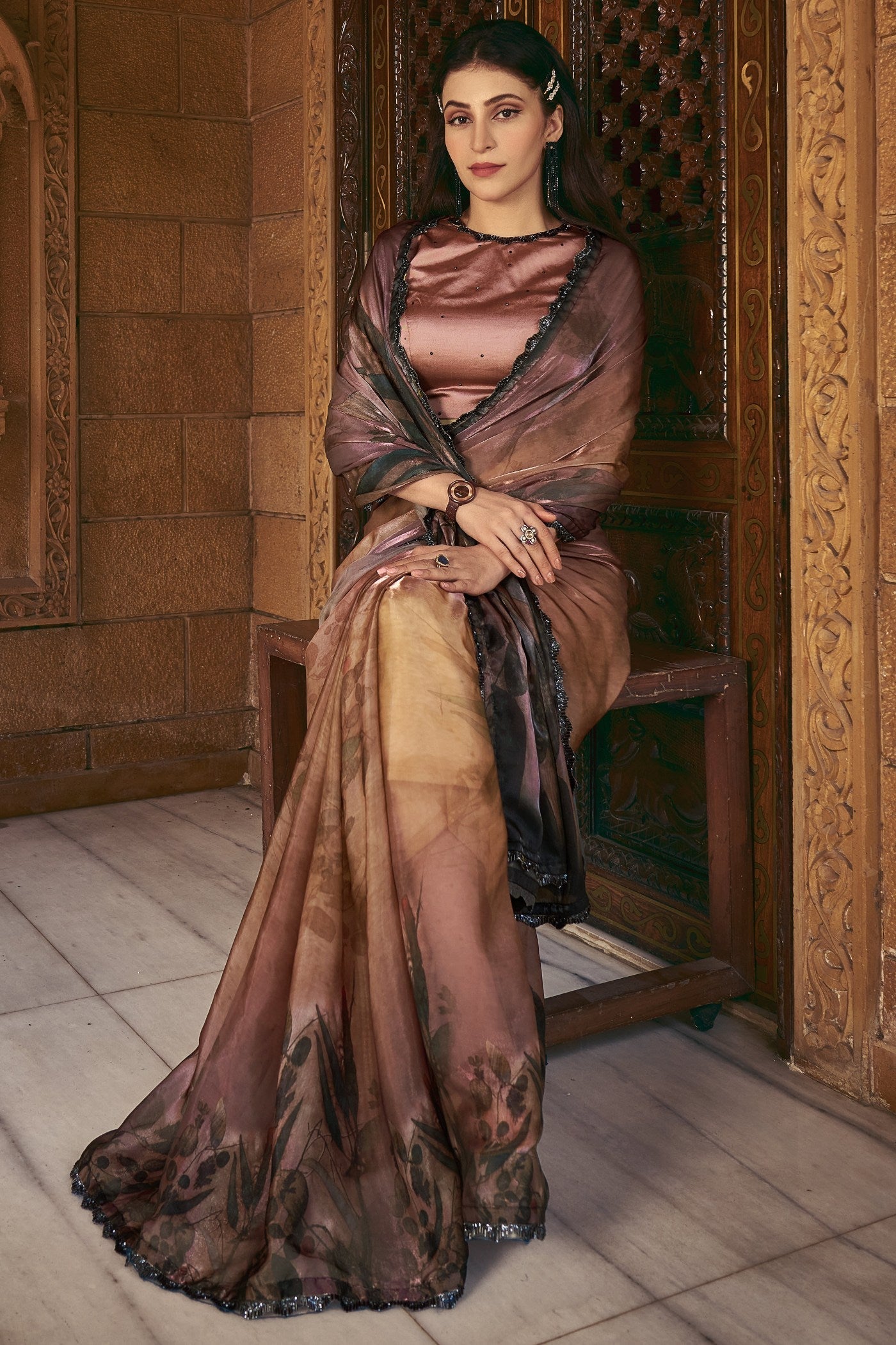 Irish Coffee Brown Satin Printed Silk Saree