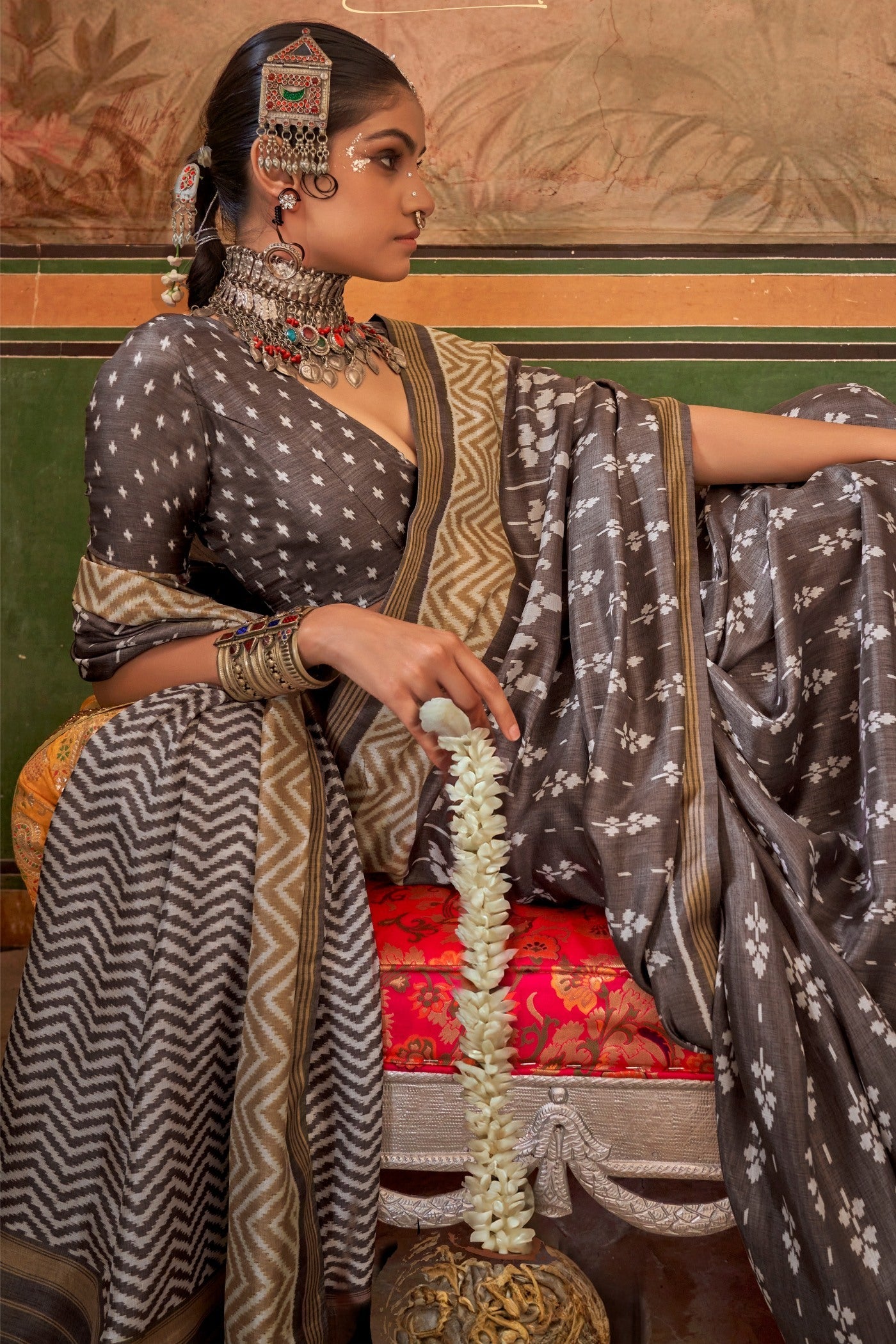 Spicy Grey Printed Patola Saree