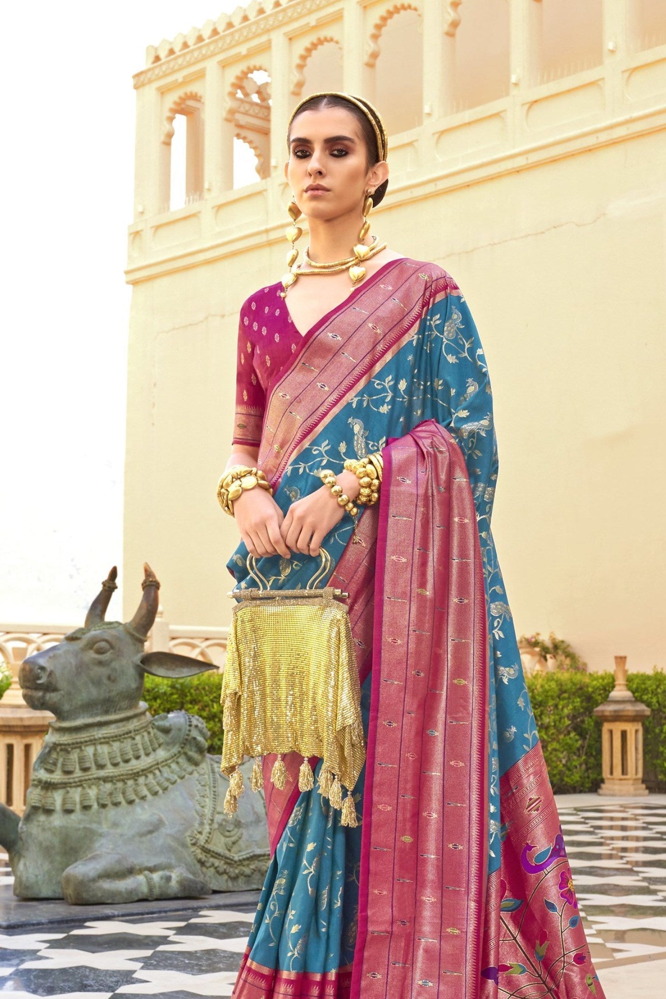 Boston Blue and Pink Woven Paithani Designer Saree