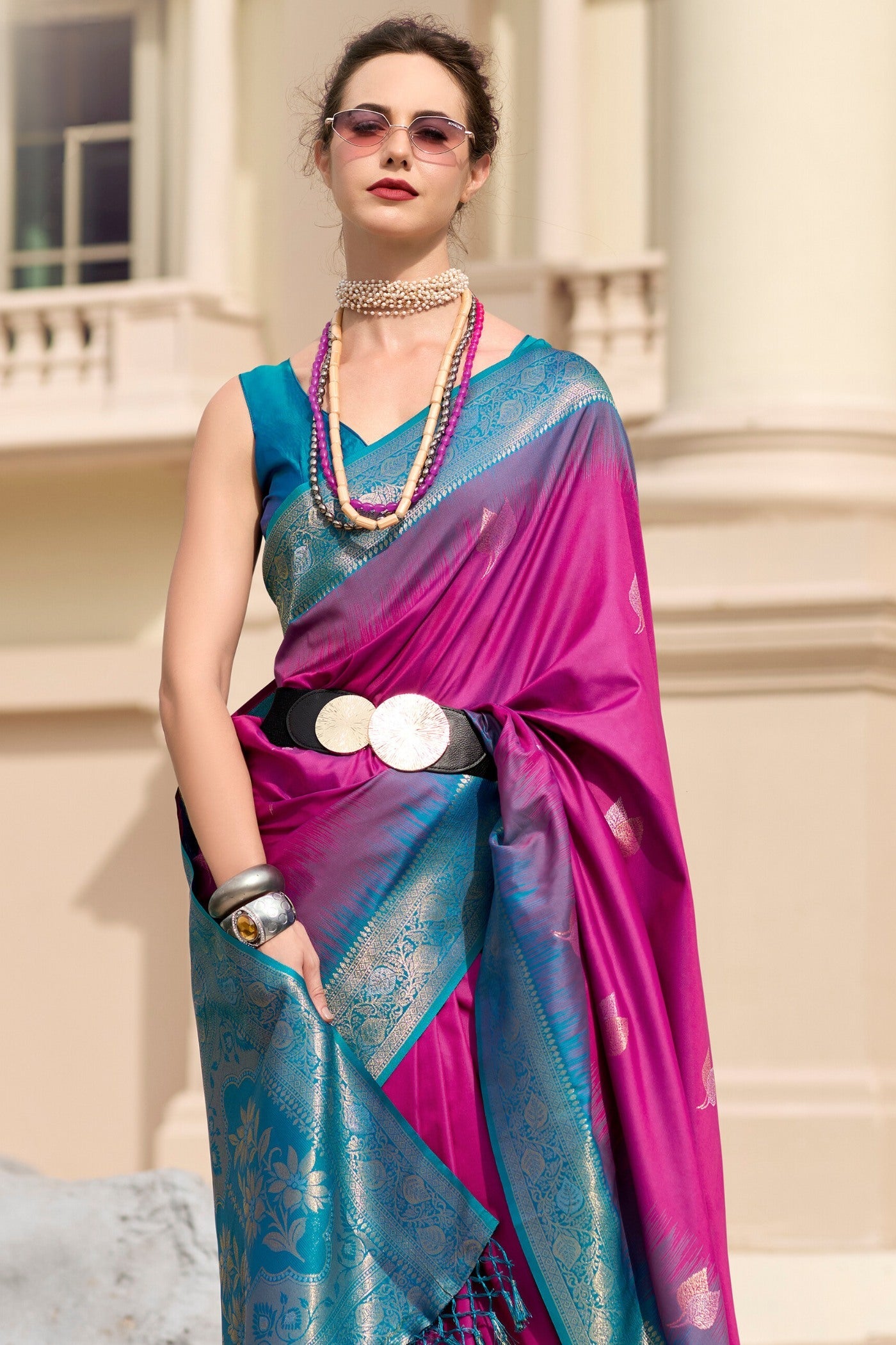 Cerise Purple Woven Banarasi Soft Silk Saree