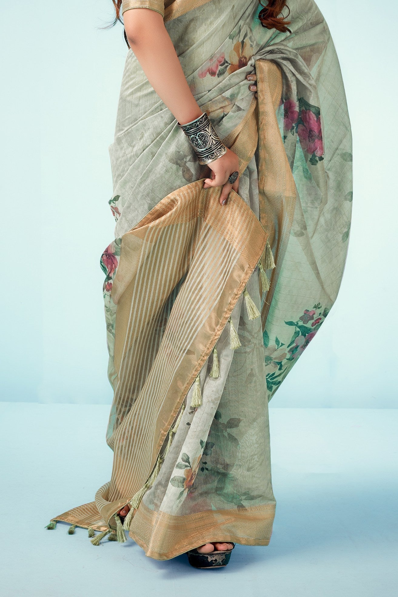 Tallow Green Floral Linen Saree