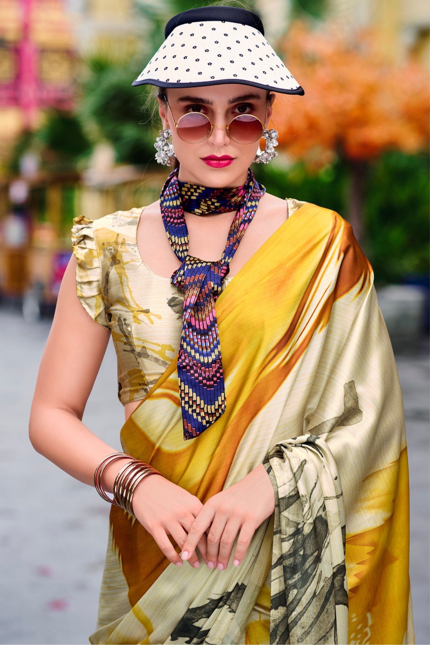 Copper Yellow Printed Satin Crepe Silk Saree